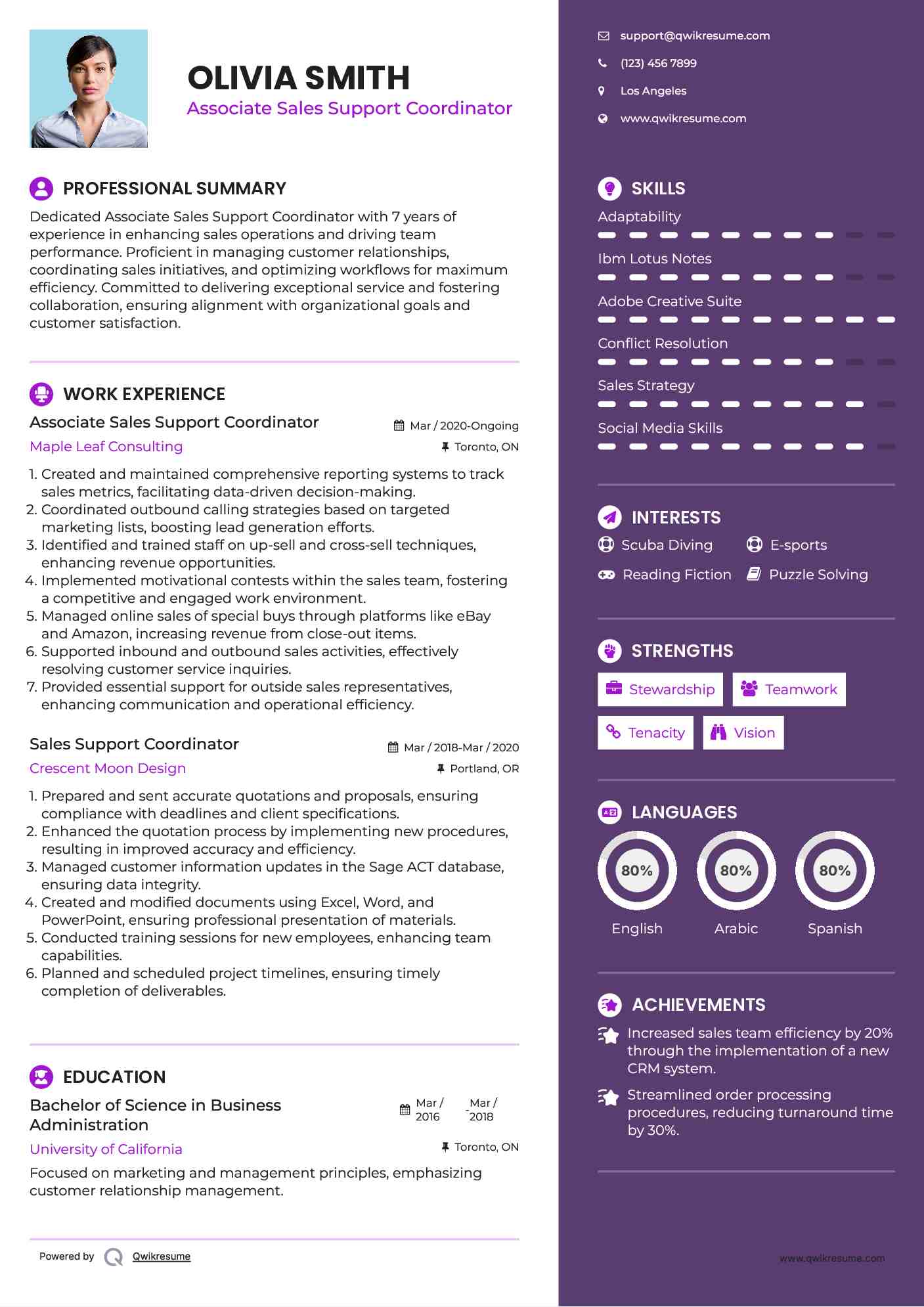 Associate Sales Support Coordinator
 Resume Example