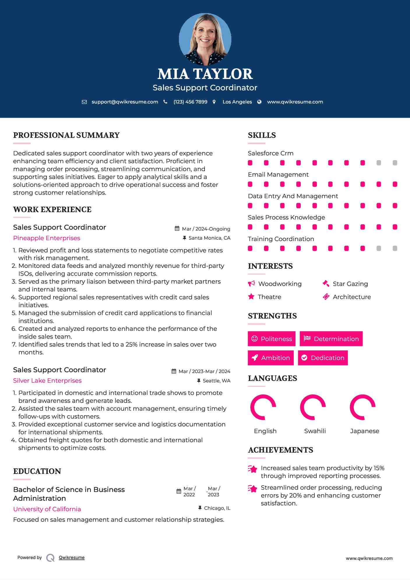 Sales Support Coordinator Resume Format