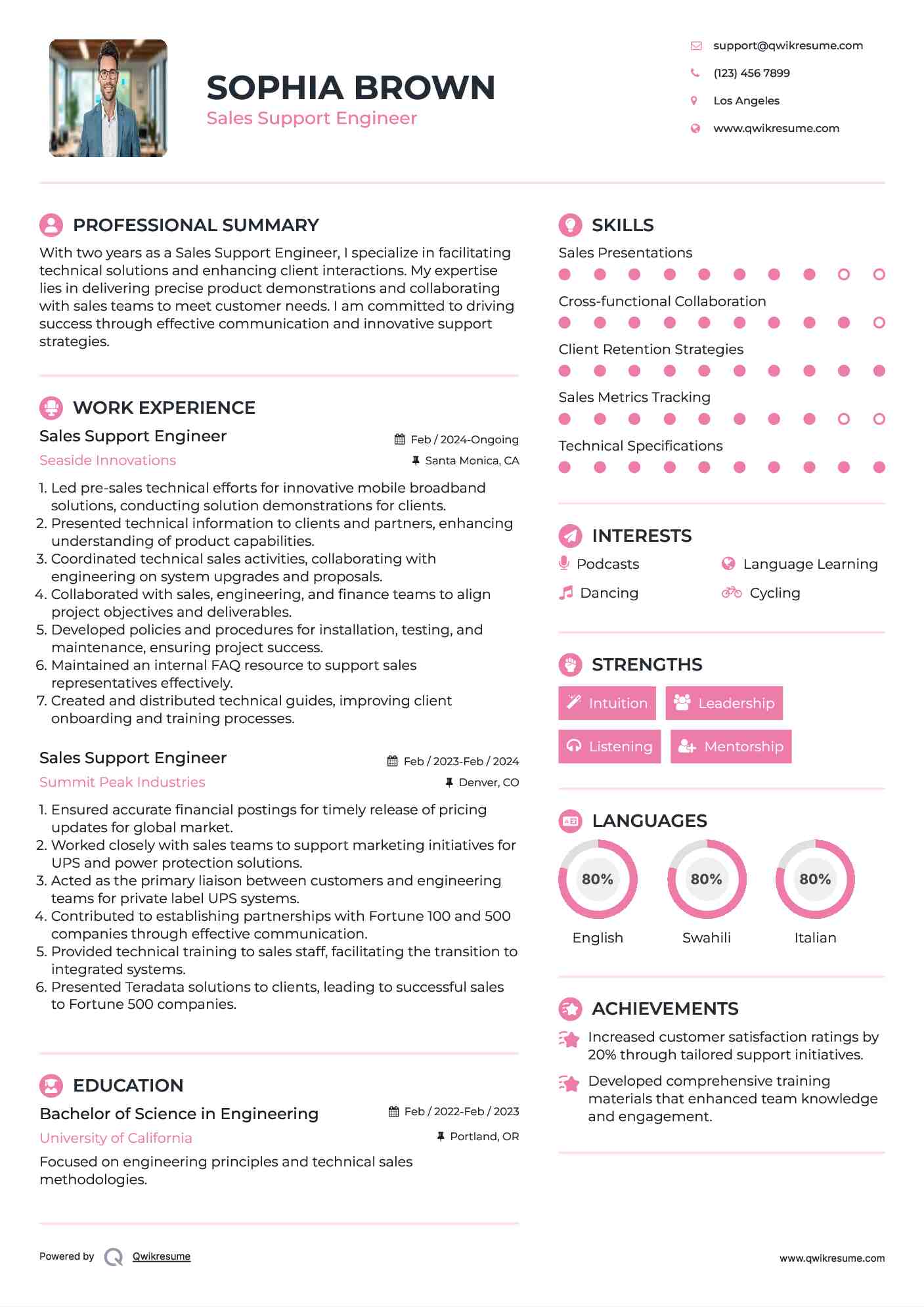 Sales Support Engineer Resume Format