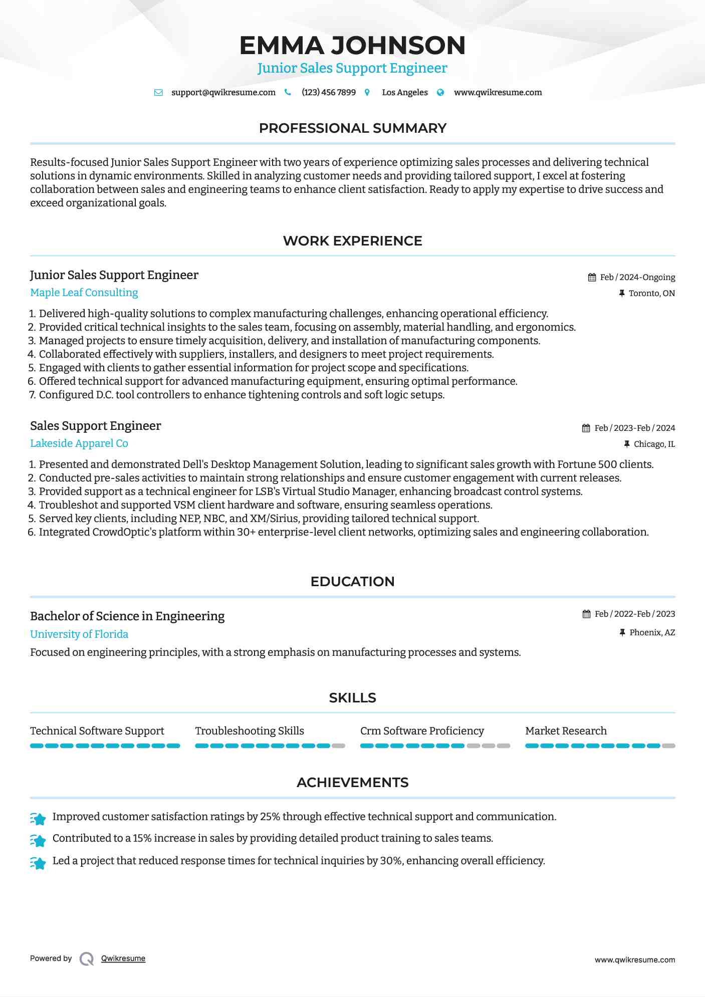Junior Sales Support Engineer Resume Template