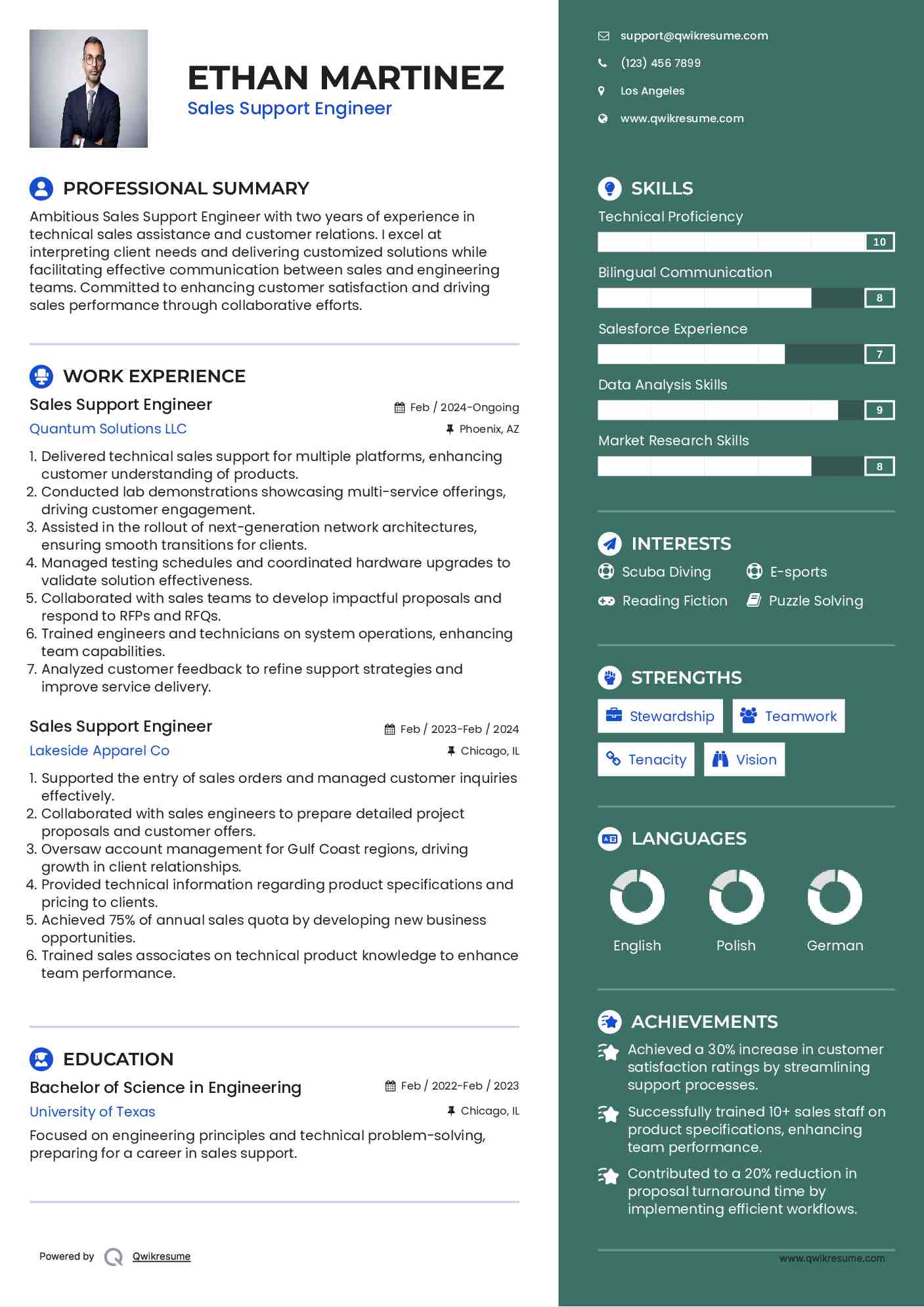 Sales Support Engineer Resume Format