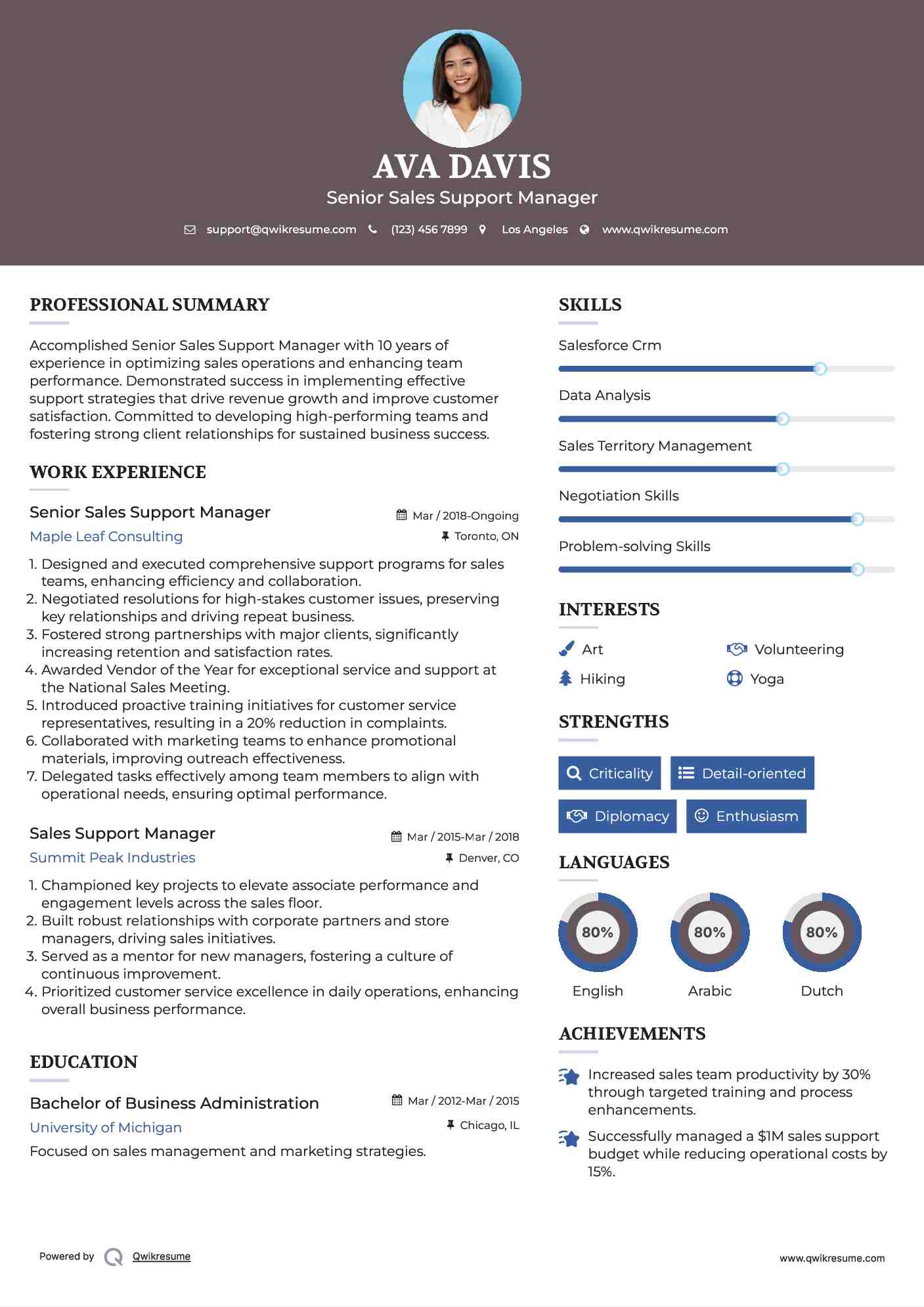 Senior Sales Support Manager Resume Format