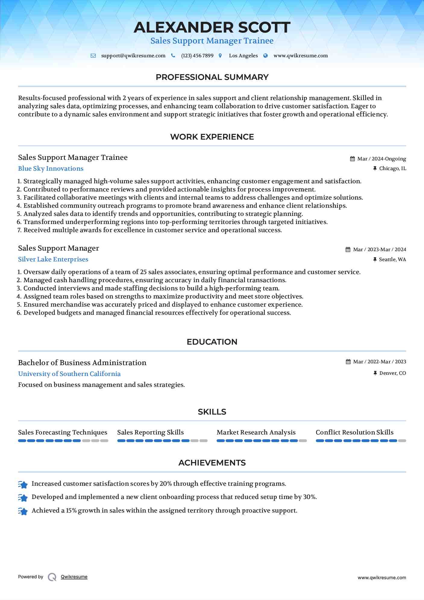 Sales Support Manager Trainee Resume Sample