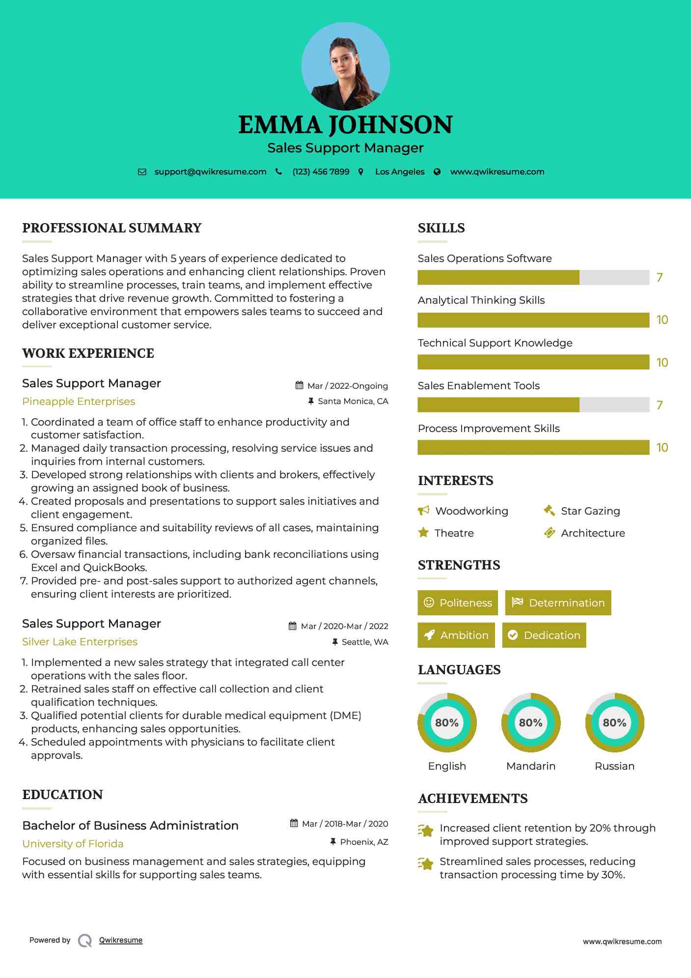 Sales Support Manager Resume Model