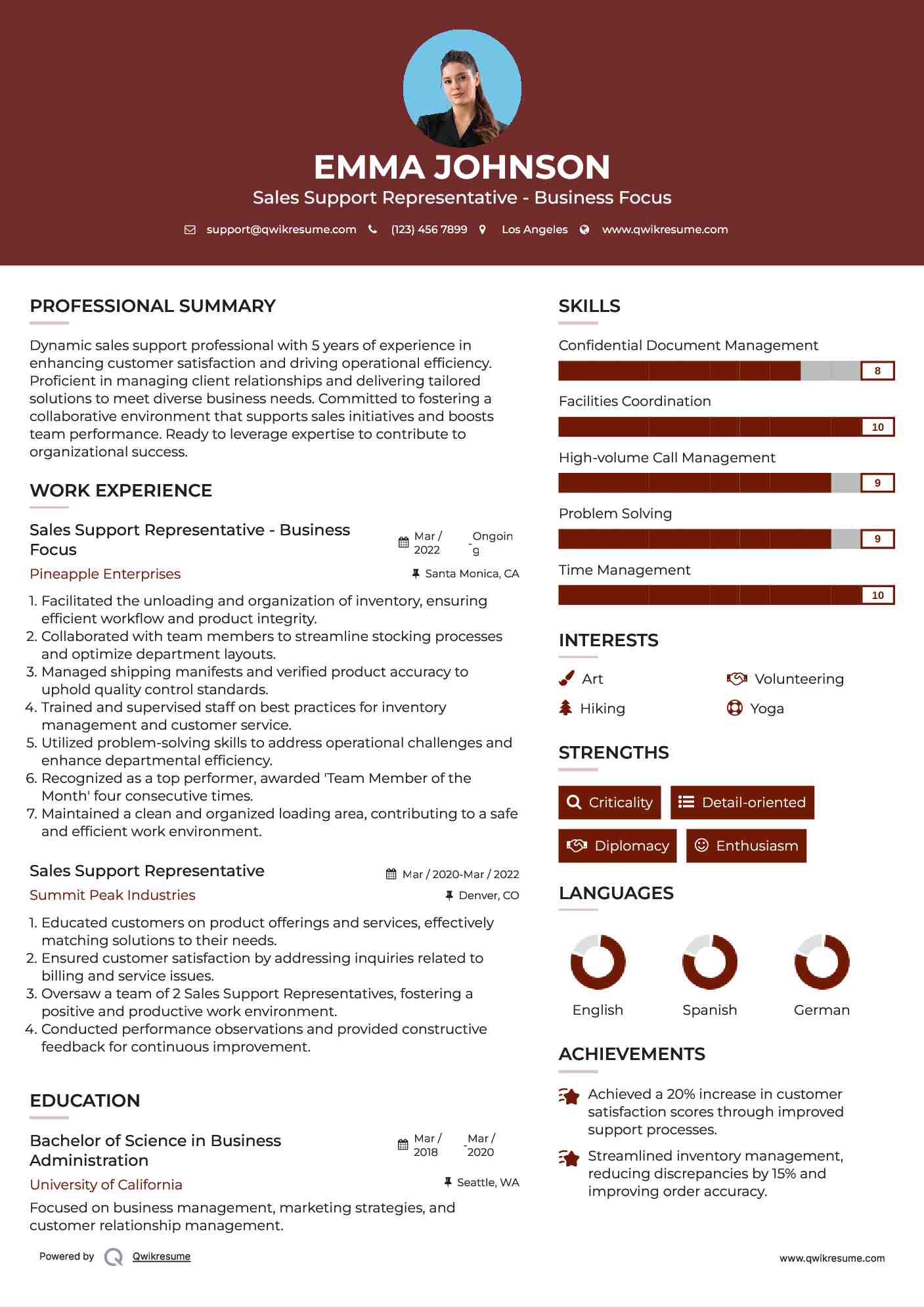 Sales Support Representative - Business Focus Resume Format