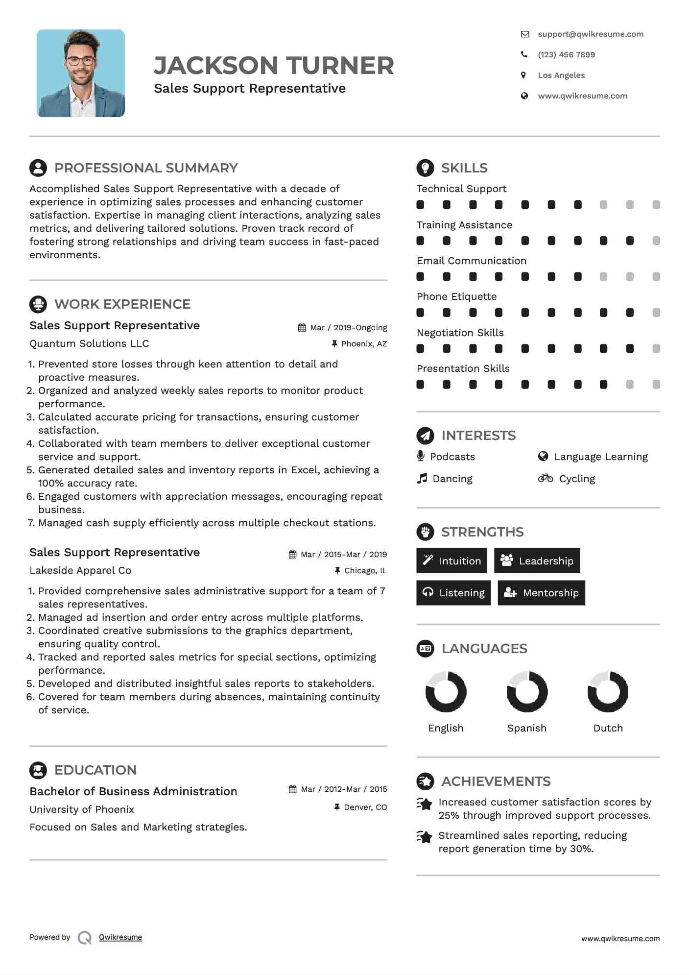 Sales Support Representative Resume Model