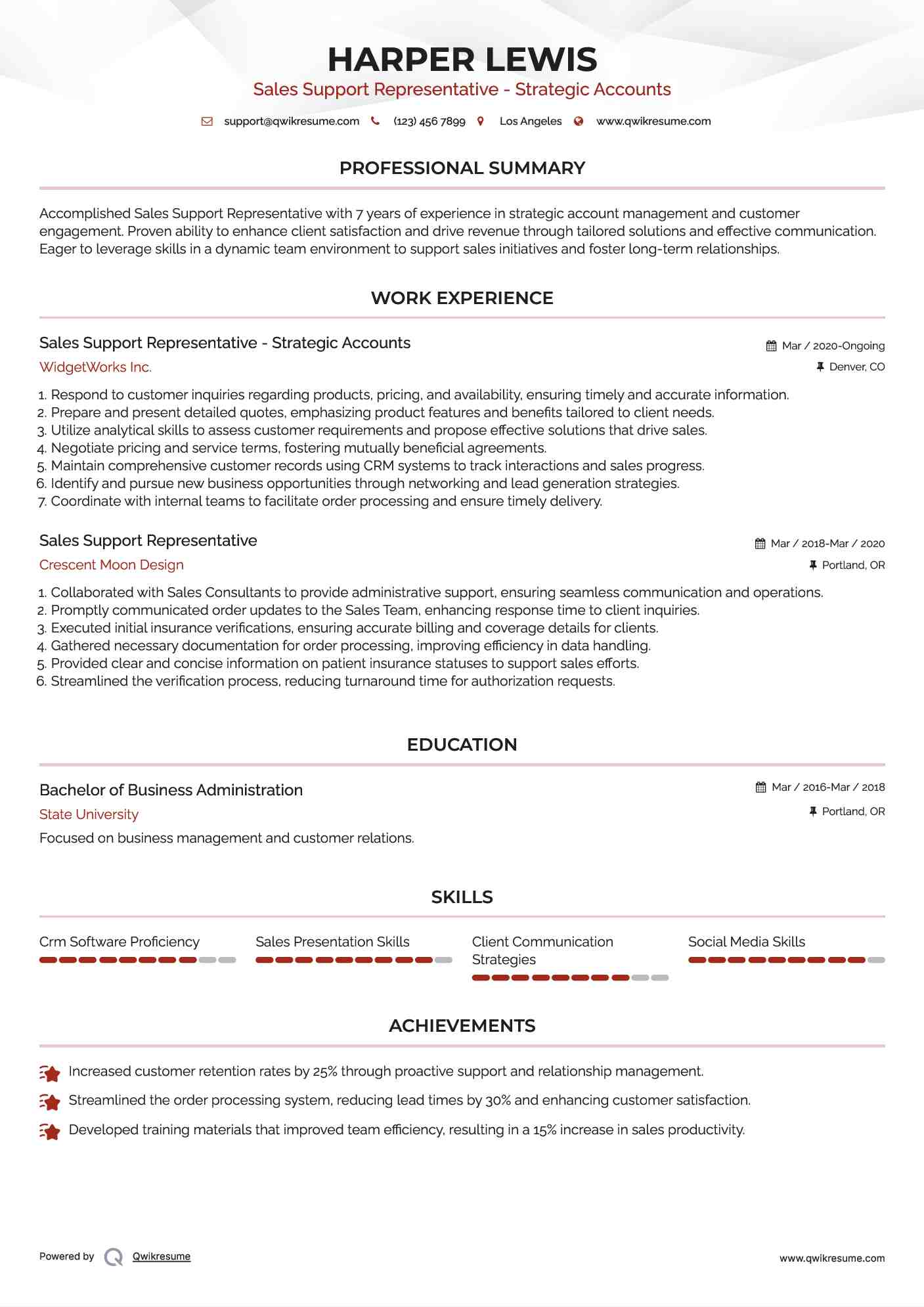 Sales Support Representative - Strategic Accounts Resume Example