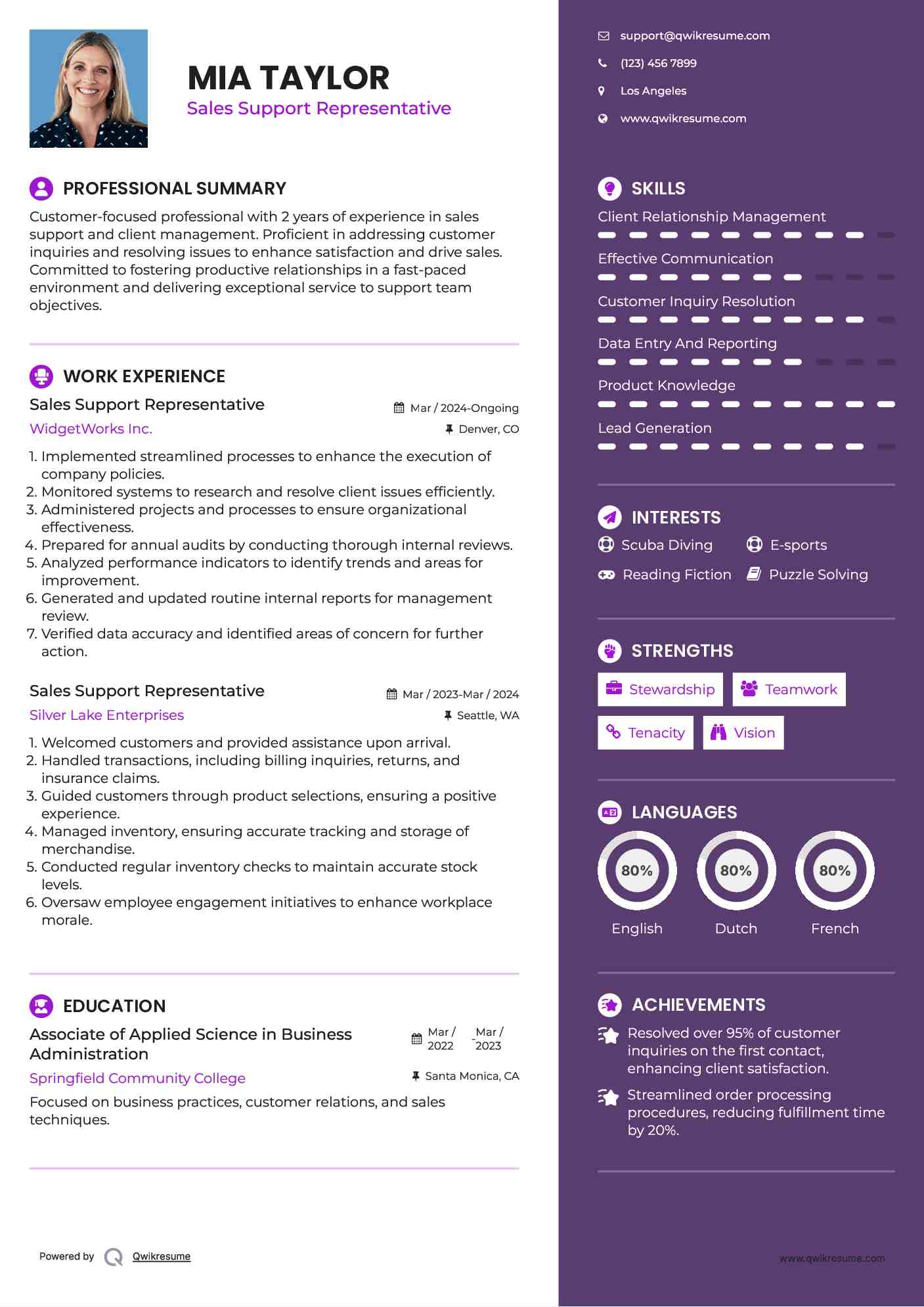 Sales Support Representative Resume Sample