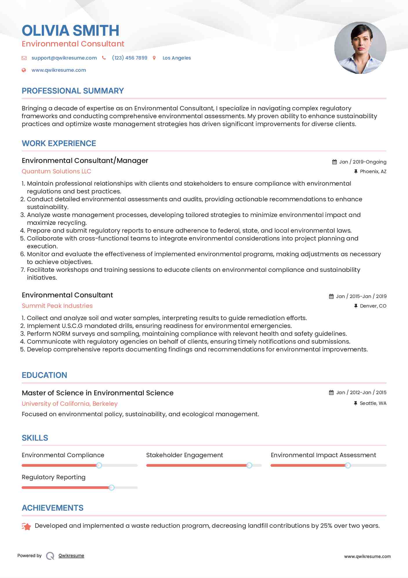 Environmental Consultant/Manager  Resume Sample