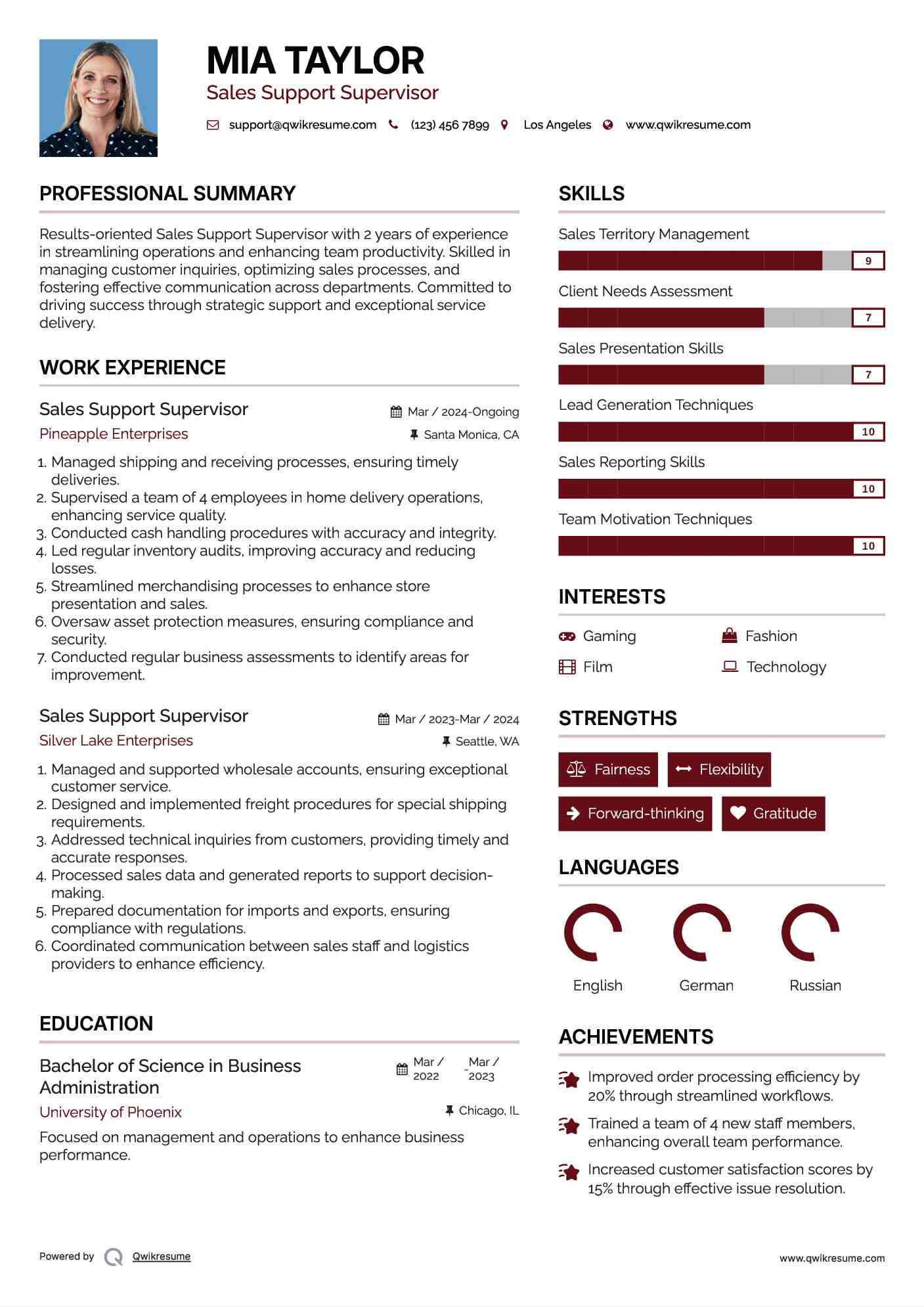 Sales Support Supervisor Resume Sample