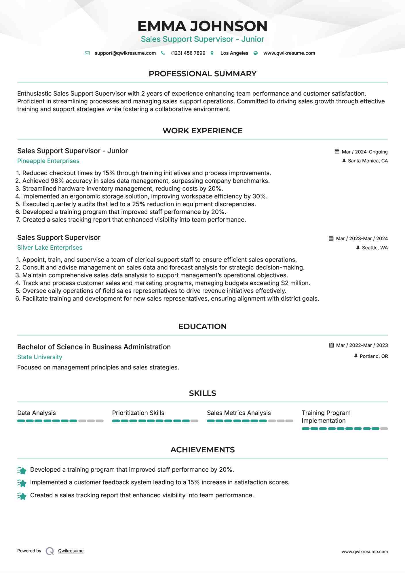 Sales Support Supervisor - Junior Resume Format