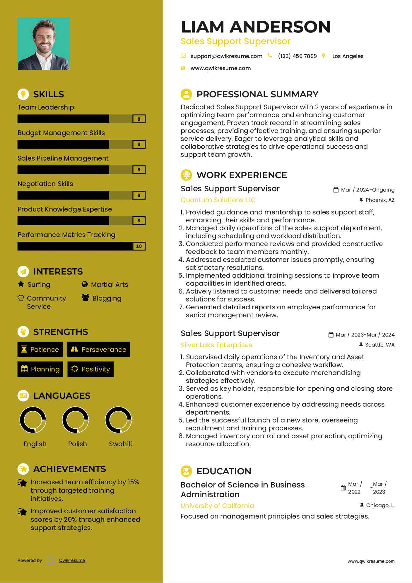 Sales Support Supervisor Resume Example