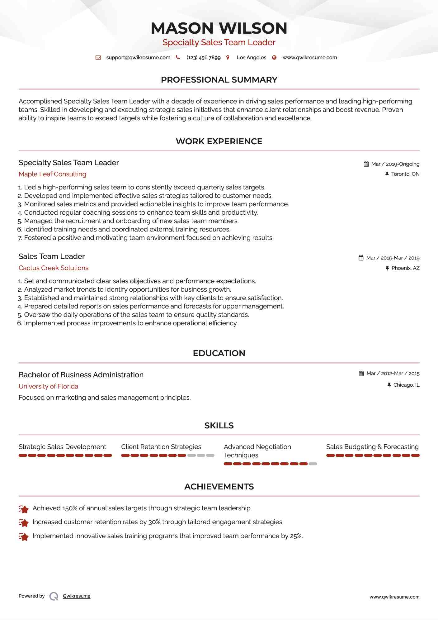 Specialty Sales Team Leader Resume Sample