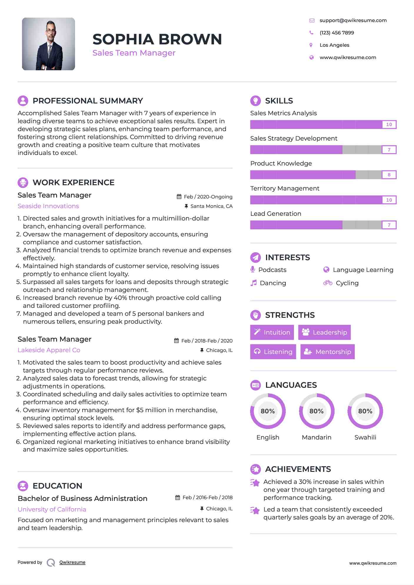 Sales Team Manager Resume Example