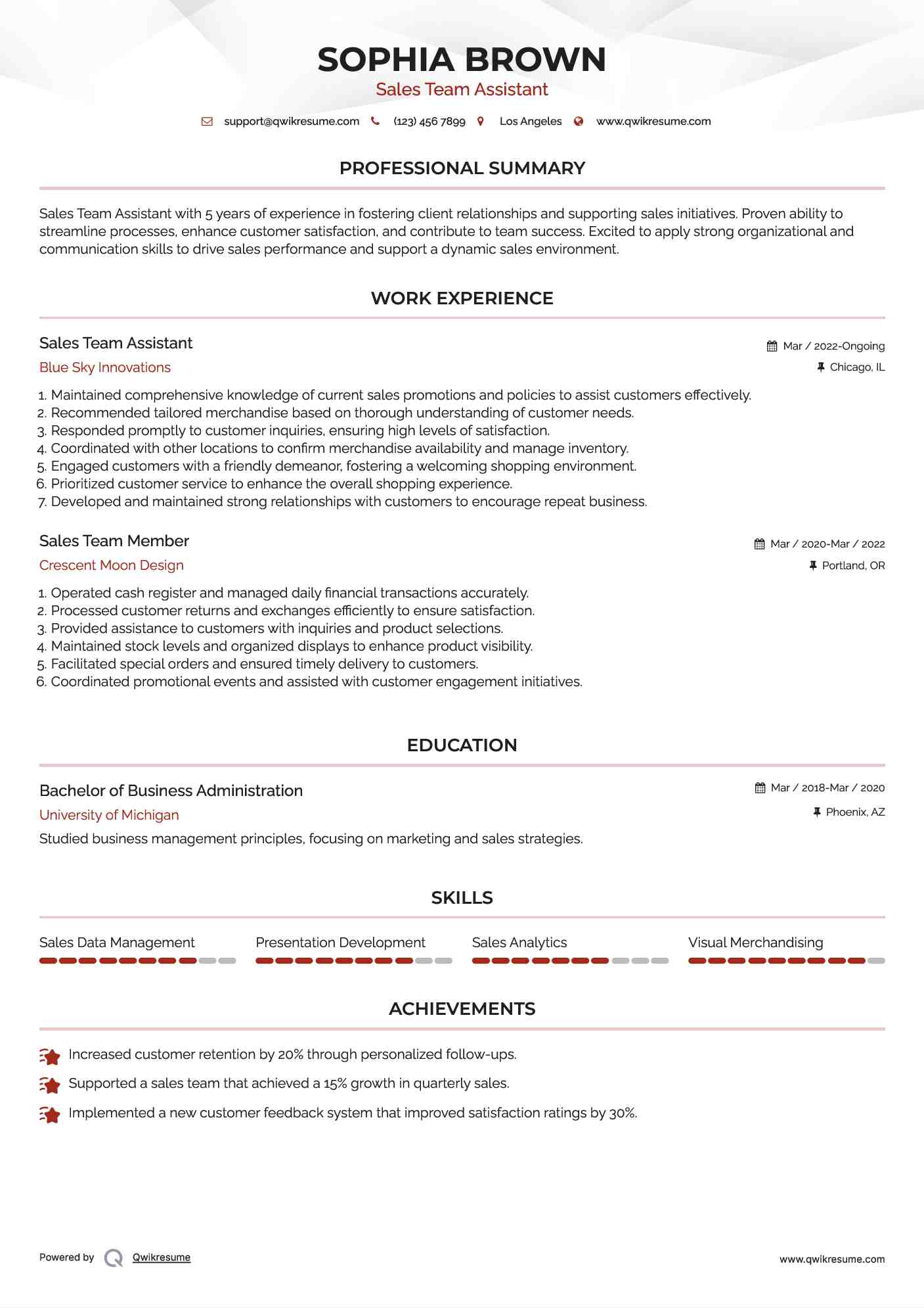 Sales Team Assistant Resume Sample