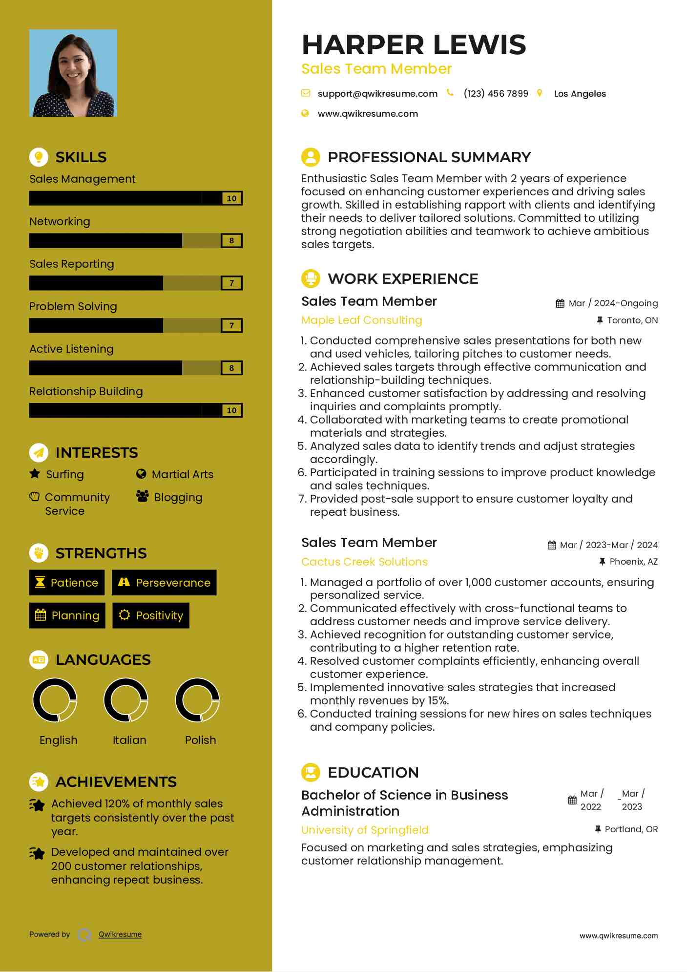 Sales Team Member Resume Sample