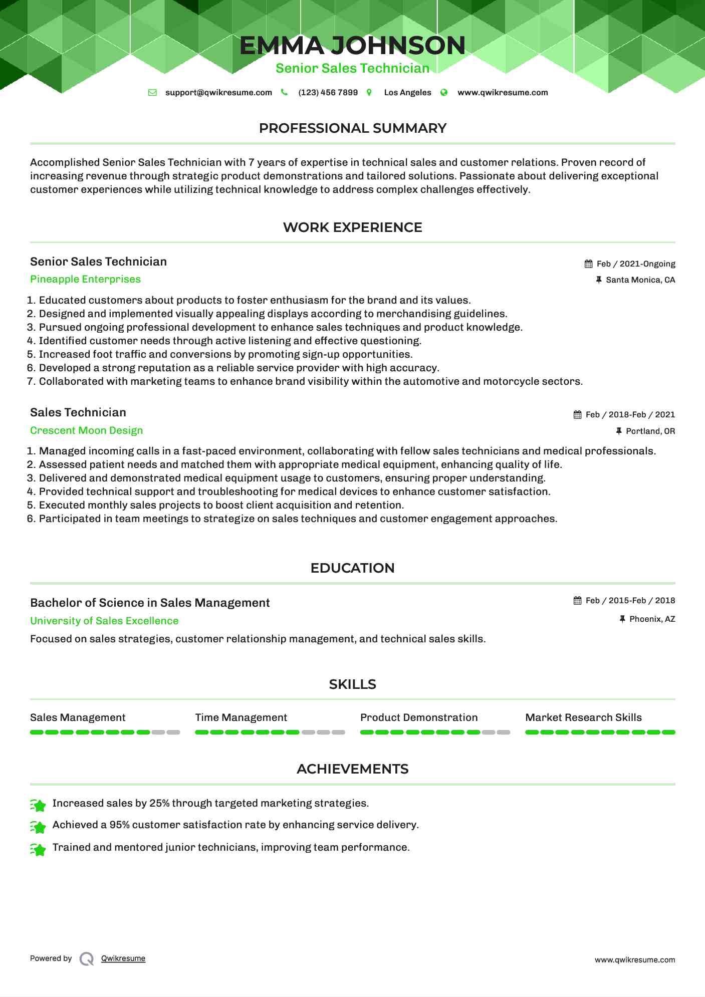 Senior Sales Technician Resume Sample