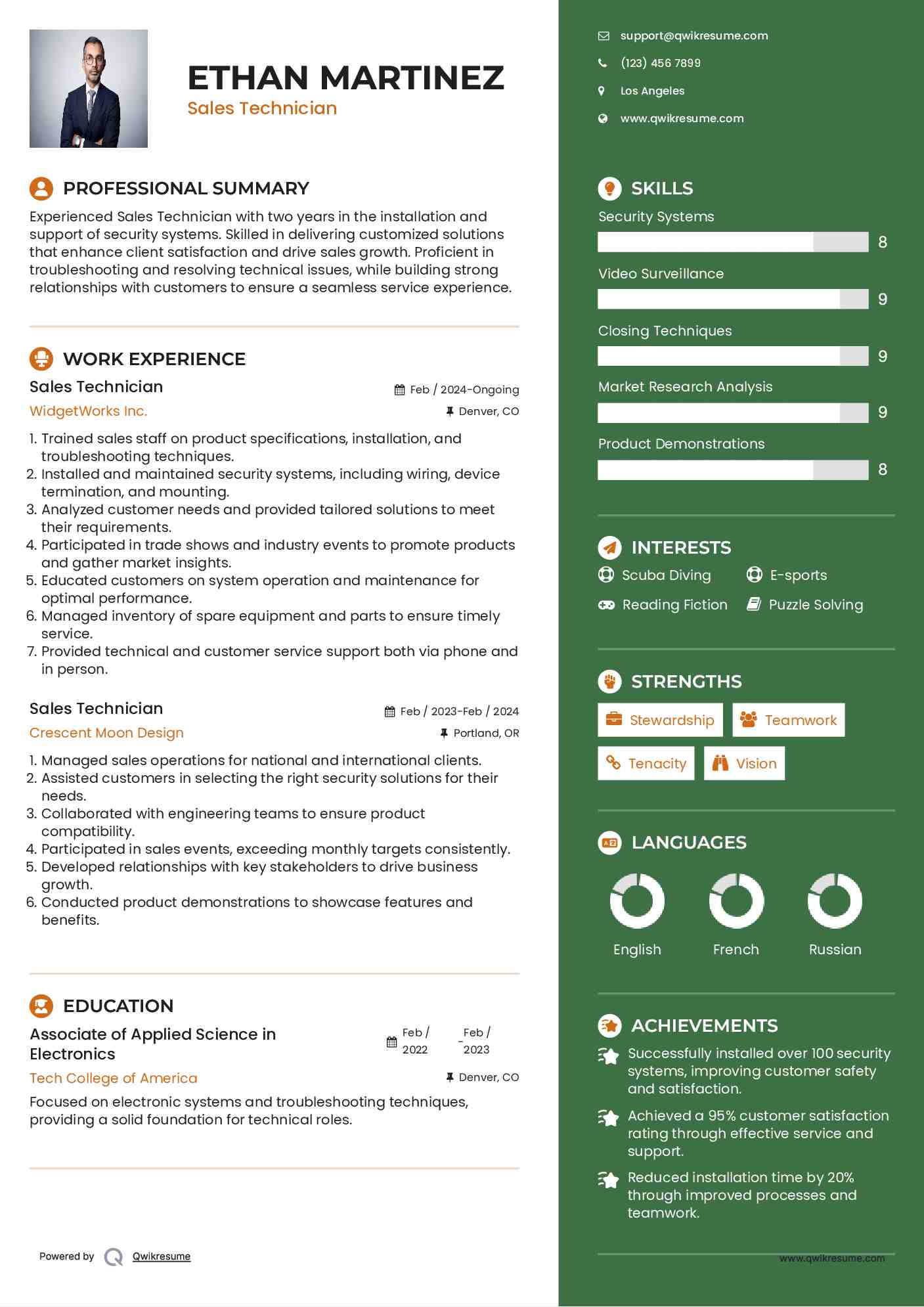 Sales Technician Resume Model