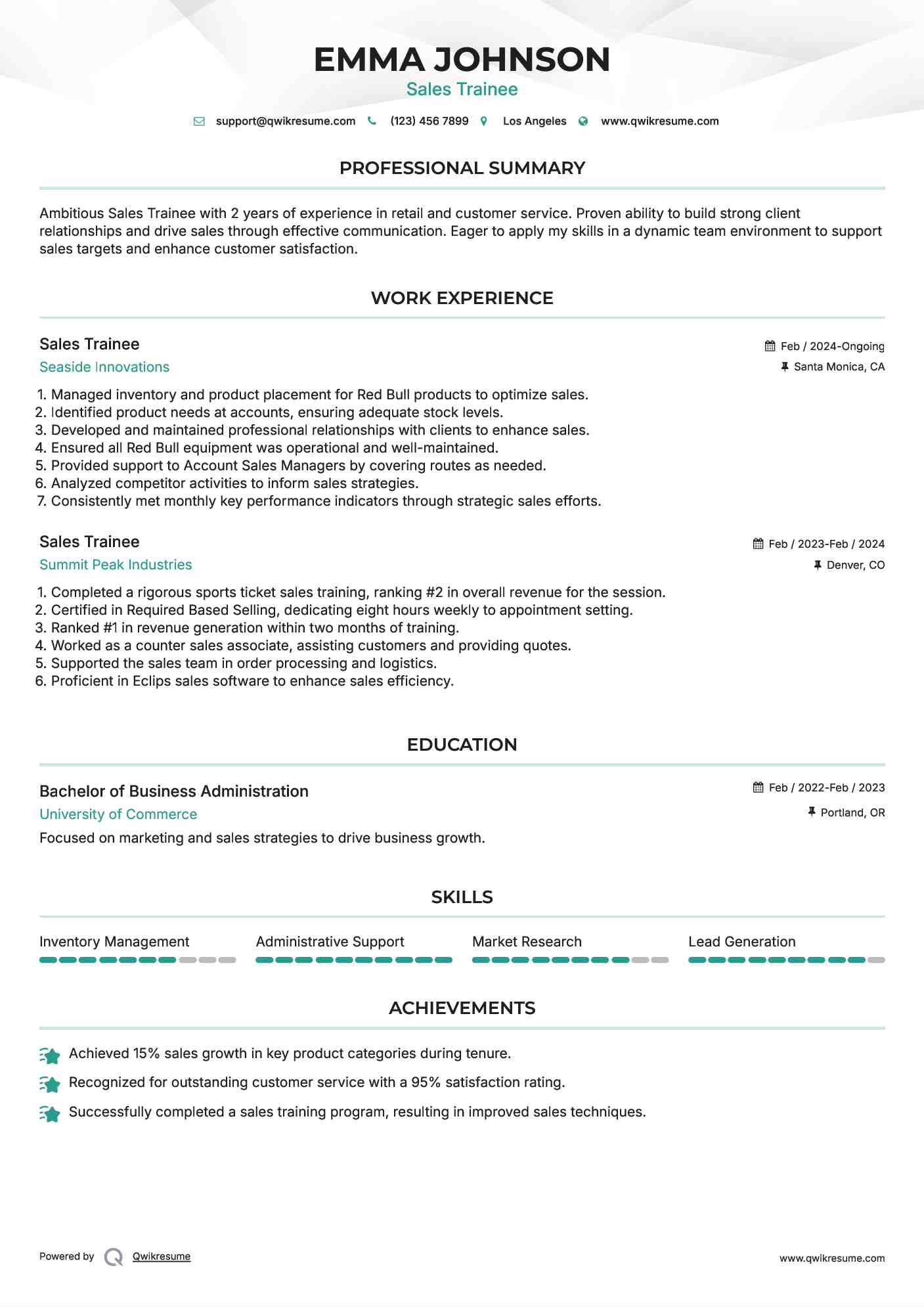 Sales Trainee Resume Sample