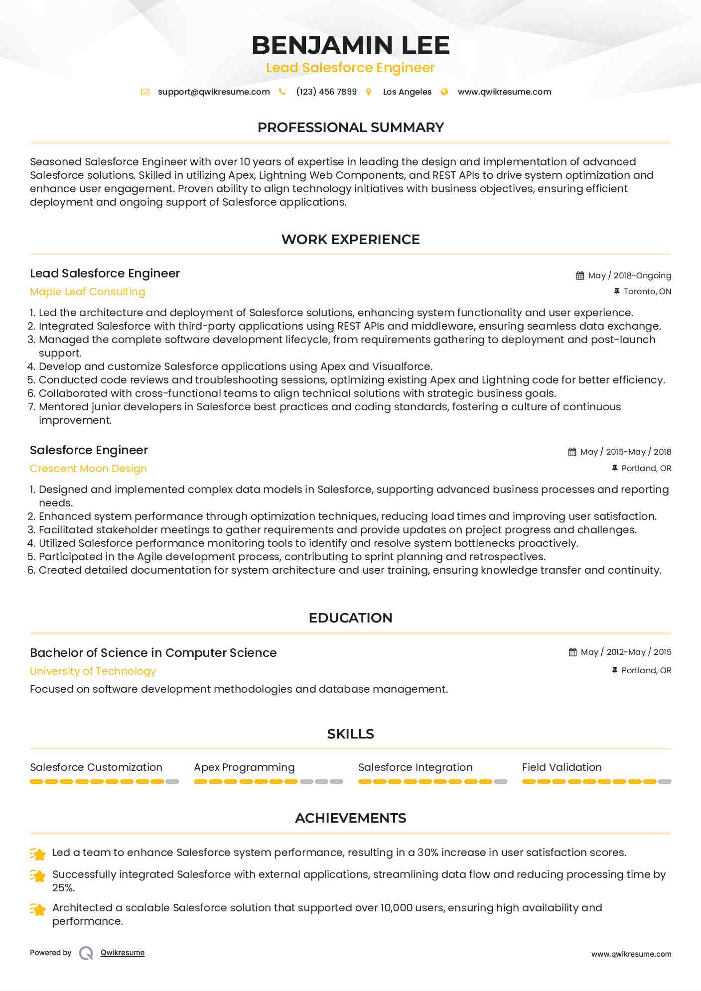 Lead Salesforce Engineer Resume Example
