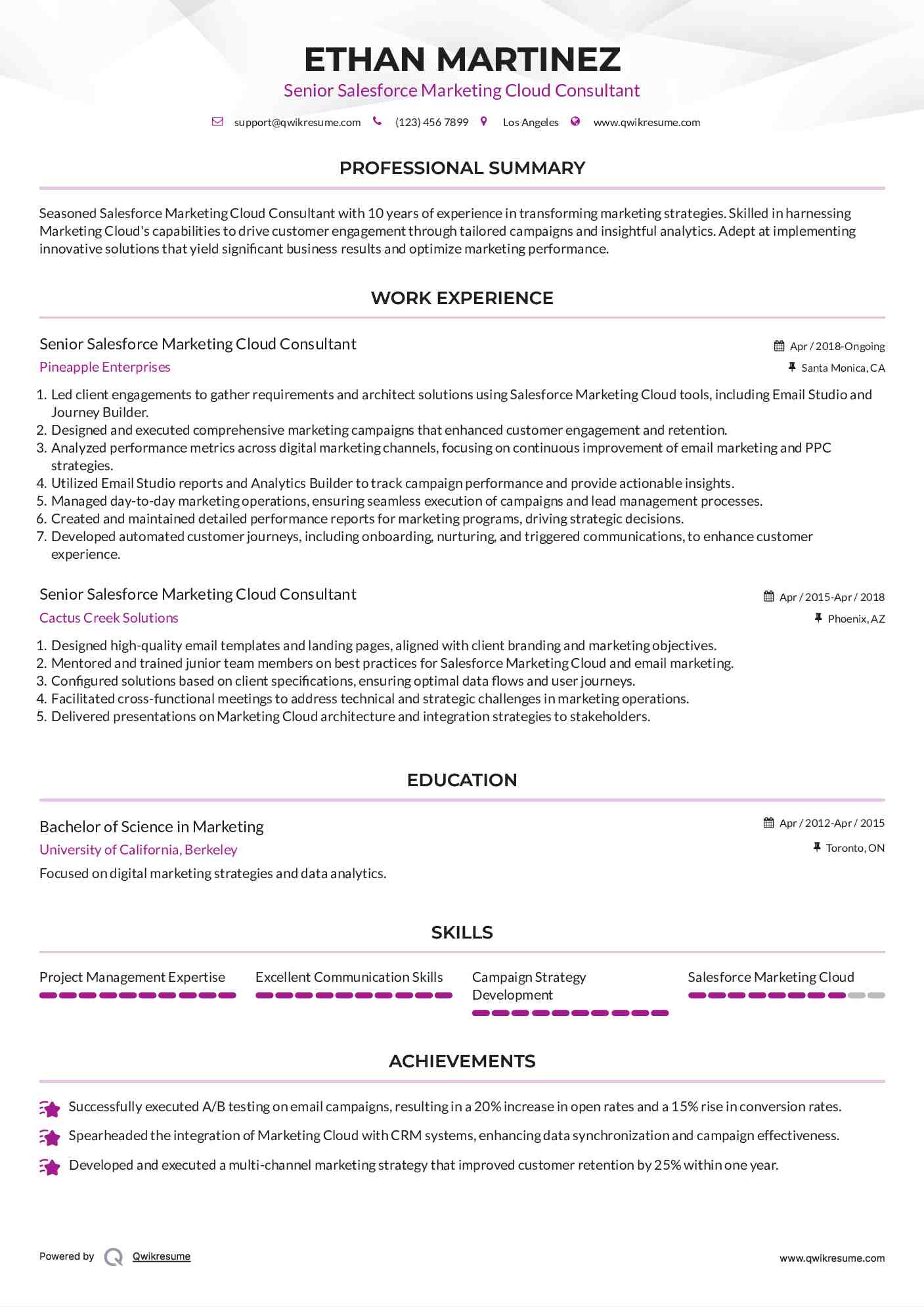 Senior Salesforce Marketing Cloud Consultant Resume Example