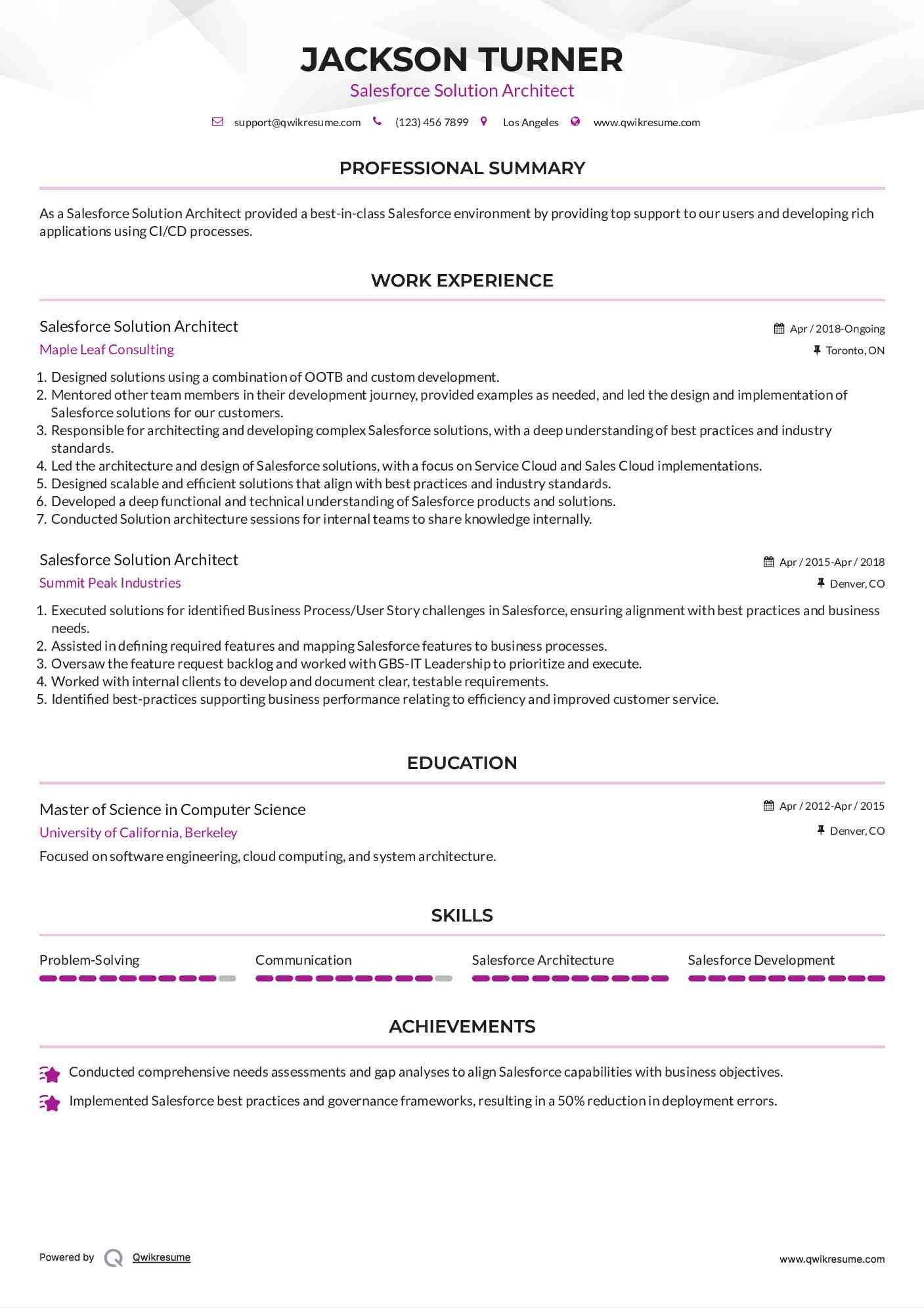 Salesforce Solution Architect Resume Example