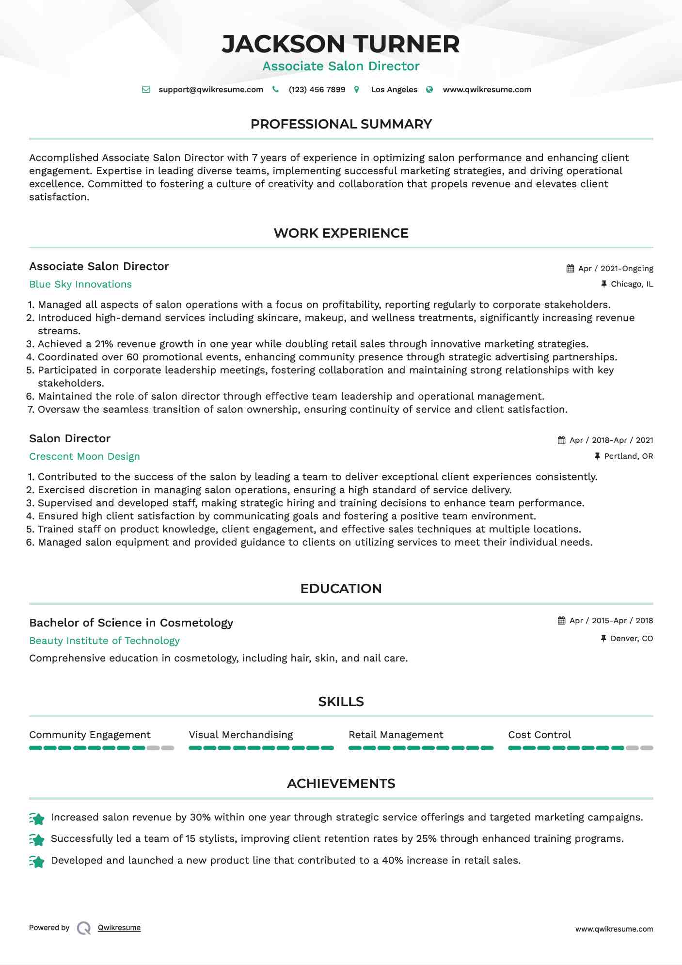Associate Salon Director Resume Sample