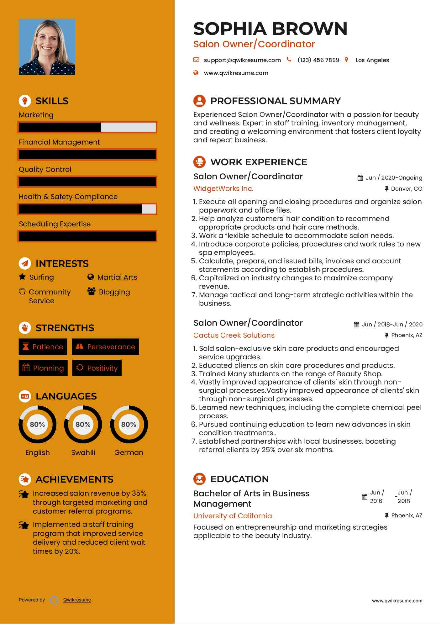 Salon Owner/Coordinator Resume Format