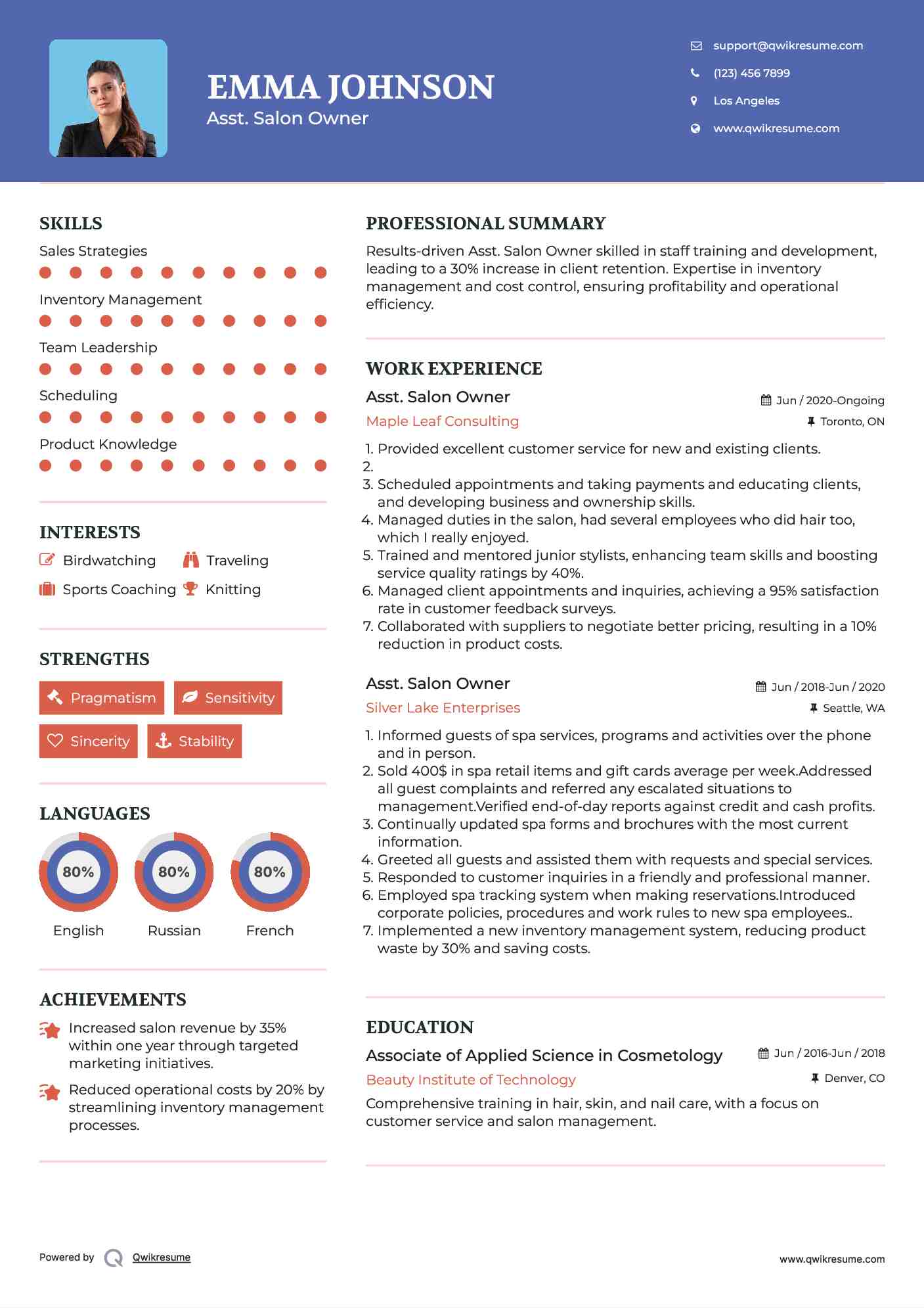 Asst. Salon Owner Resume Template