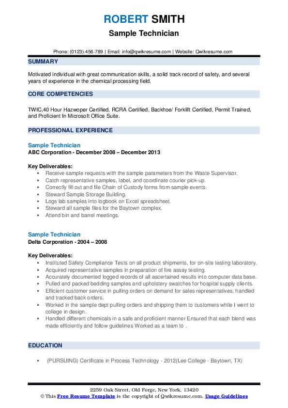 Sample Technician Resume Samples - Sample Technician 1635441825 Pdf 