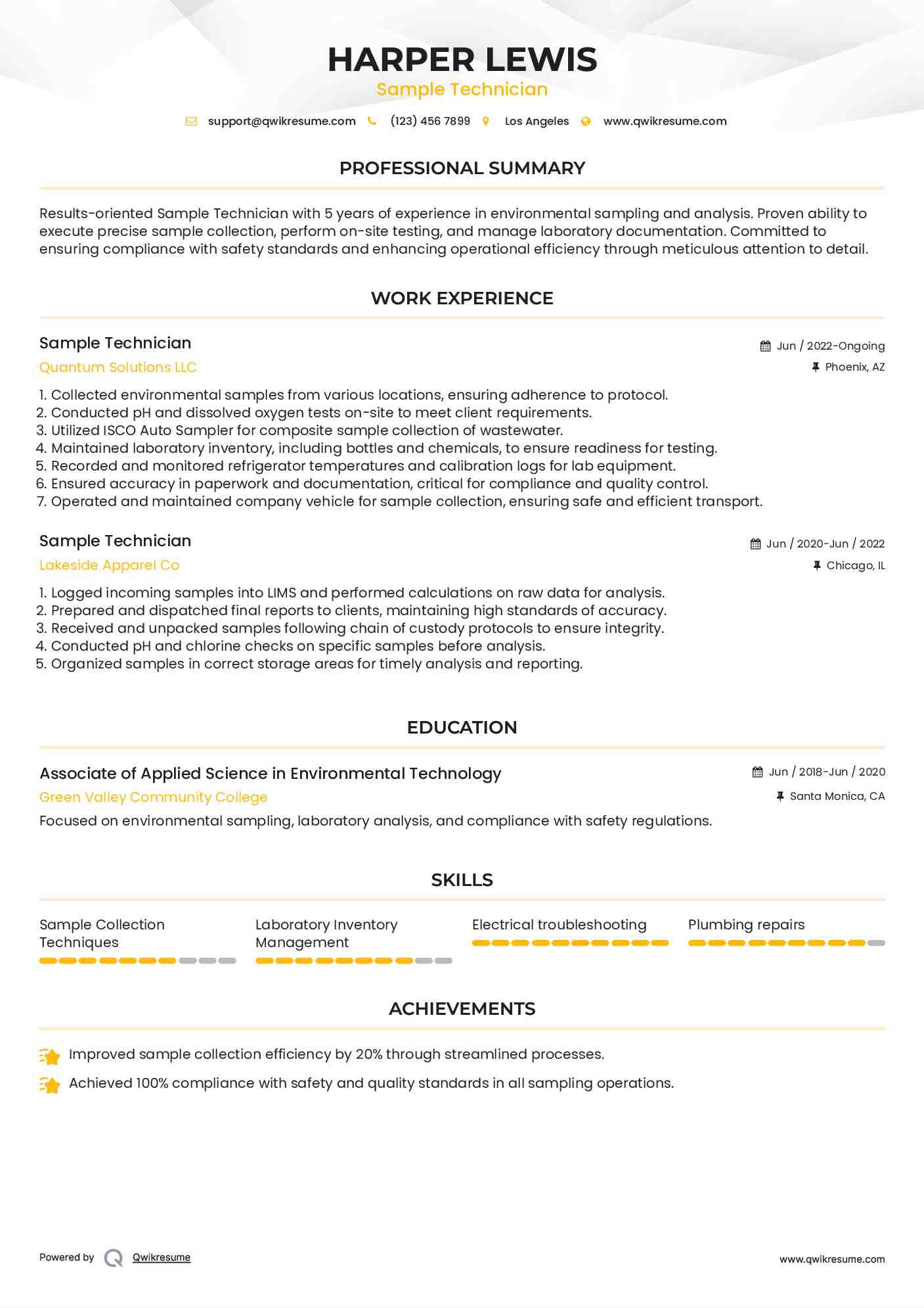 Sample Technician Resume Model