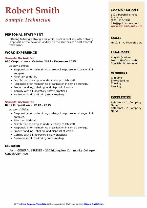 Sample Technician Resume Samples - Sample Technician 1635442051 Pdf 