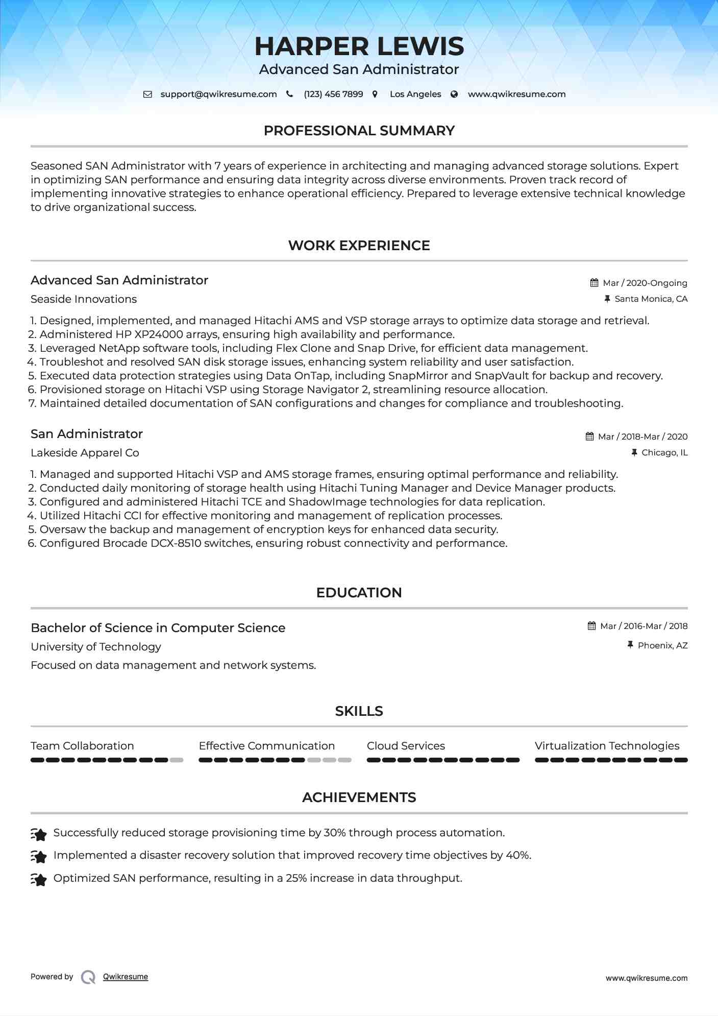Advanced San Administrator Resume Sample