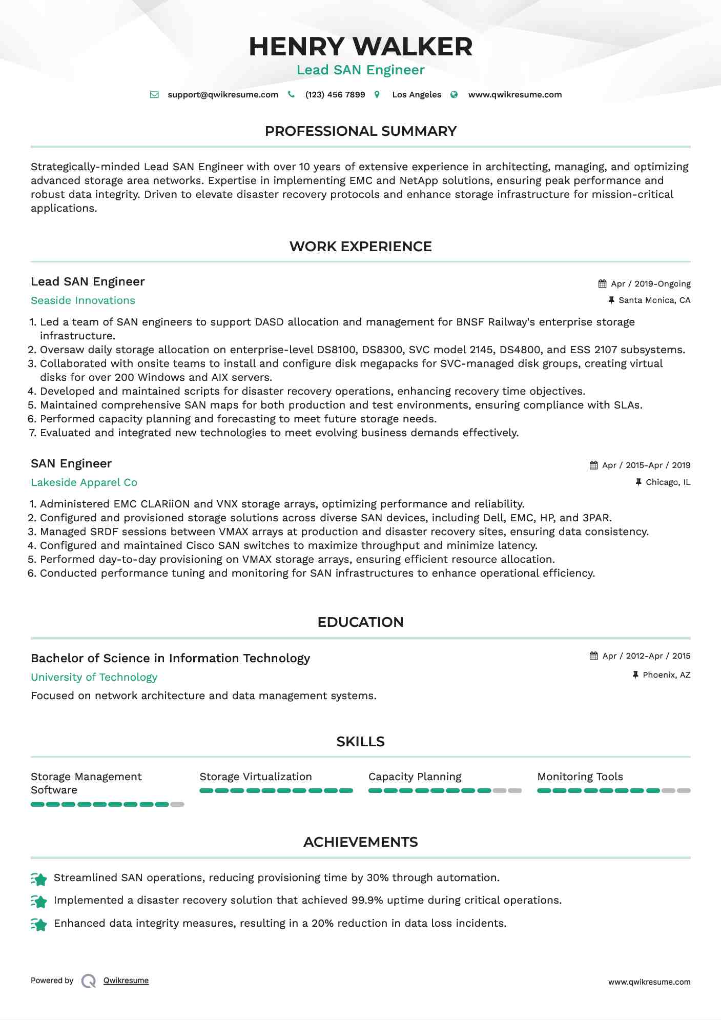 Lead SAN Engineer Resume Template