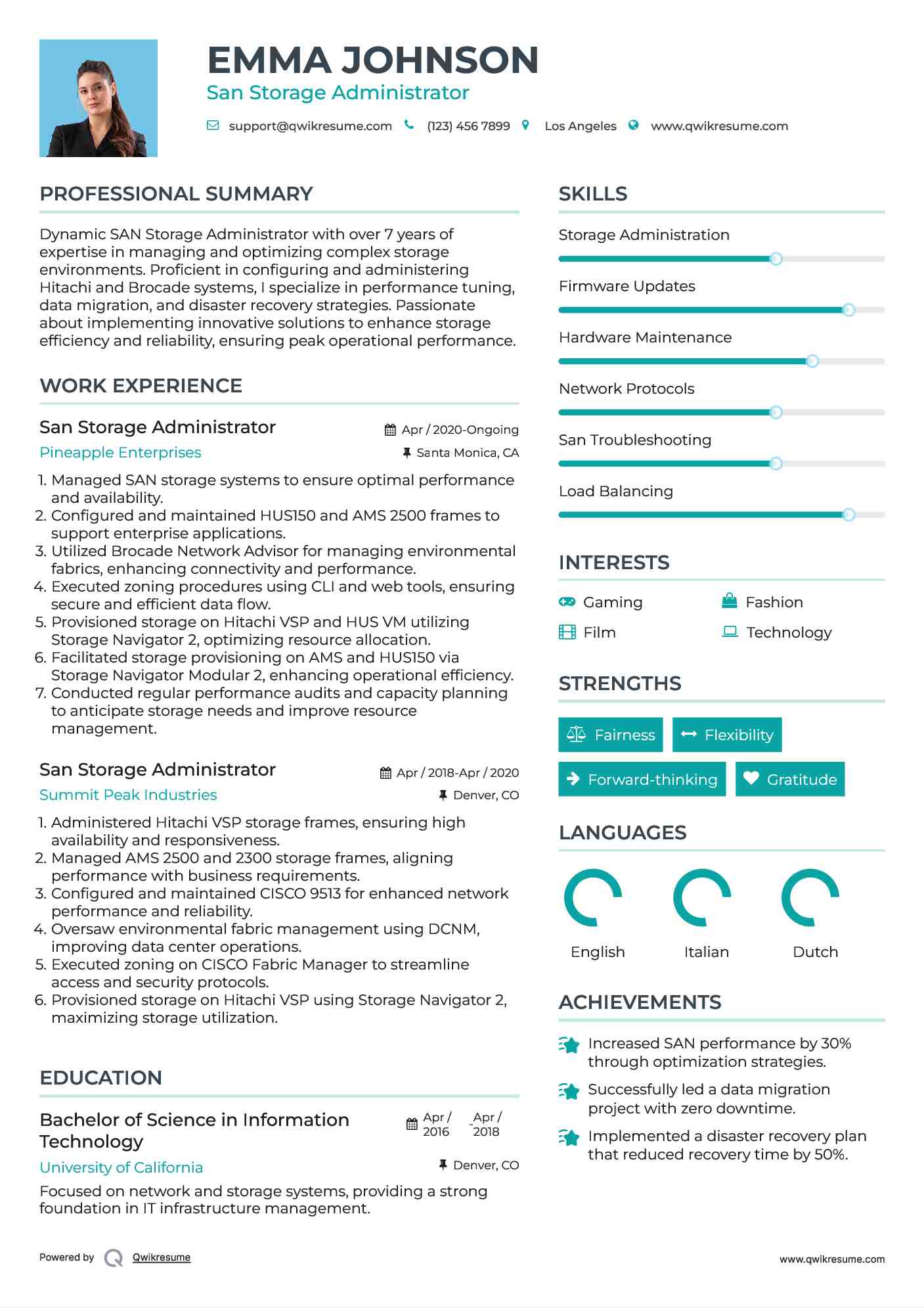 San Storage Administrator Resume Example