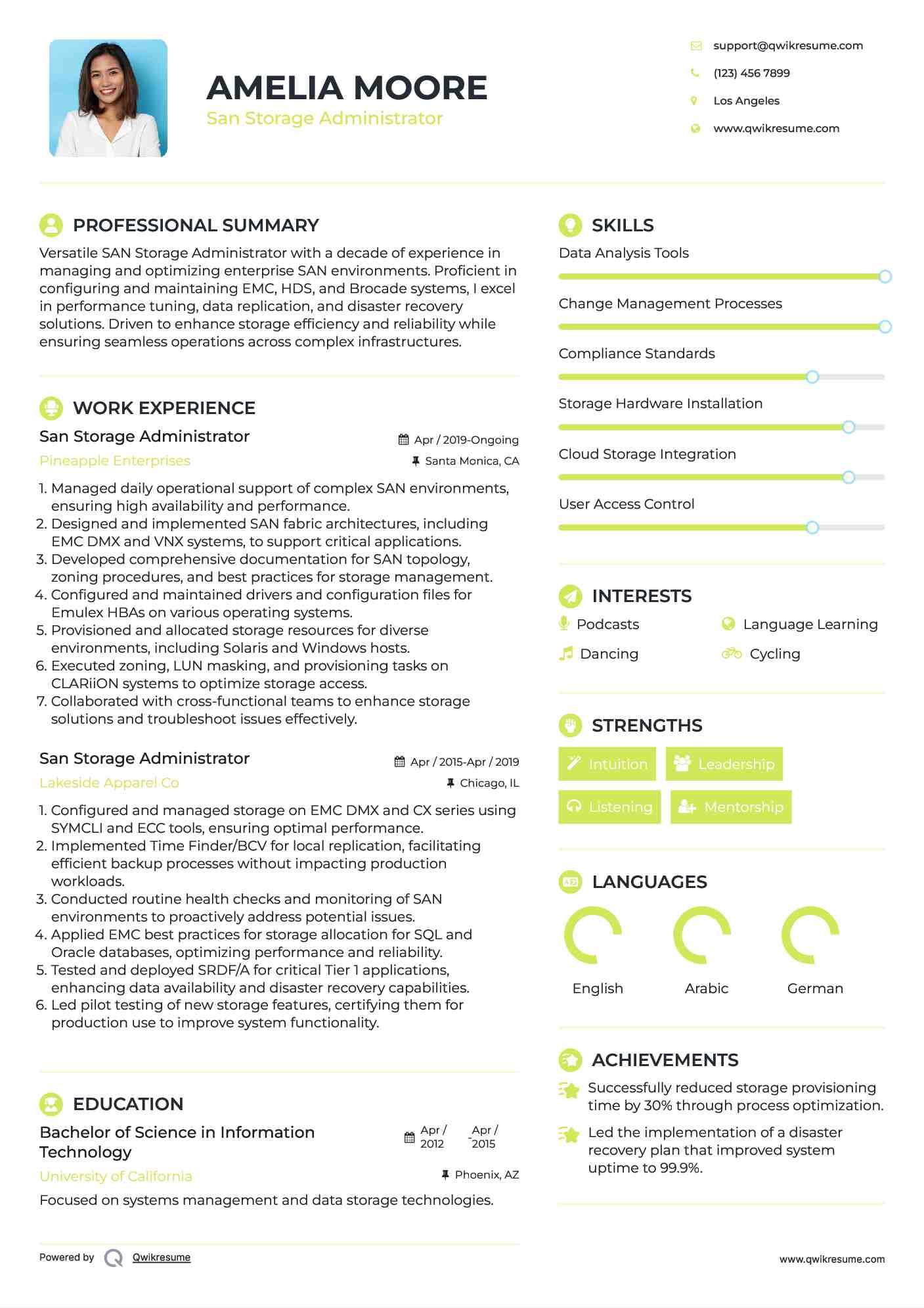 San Storage Administrator Resume Model