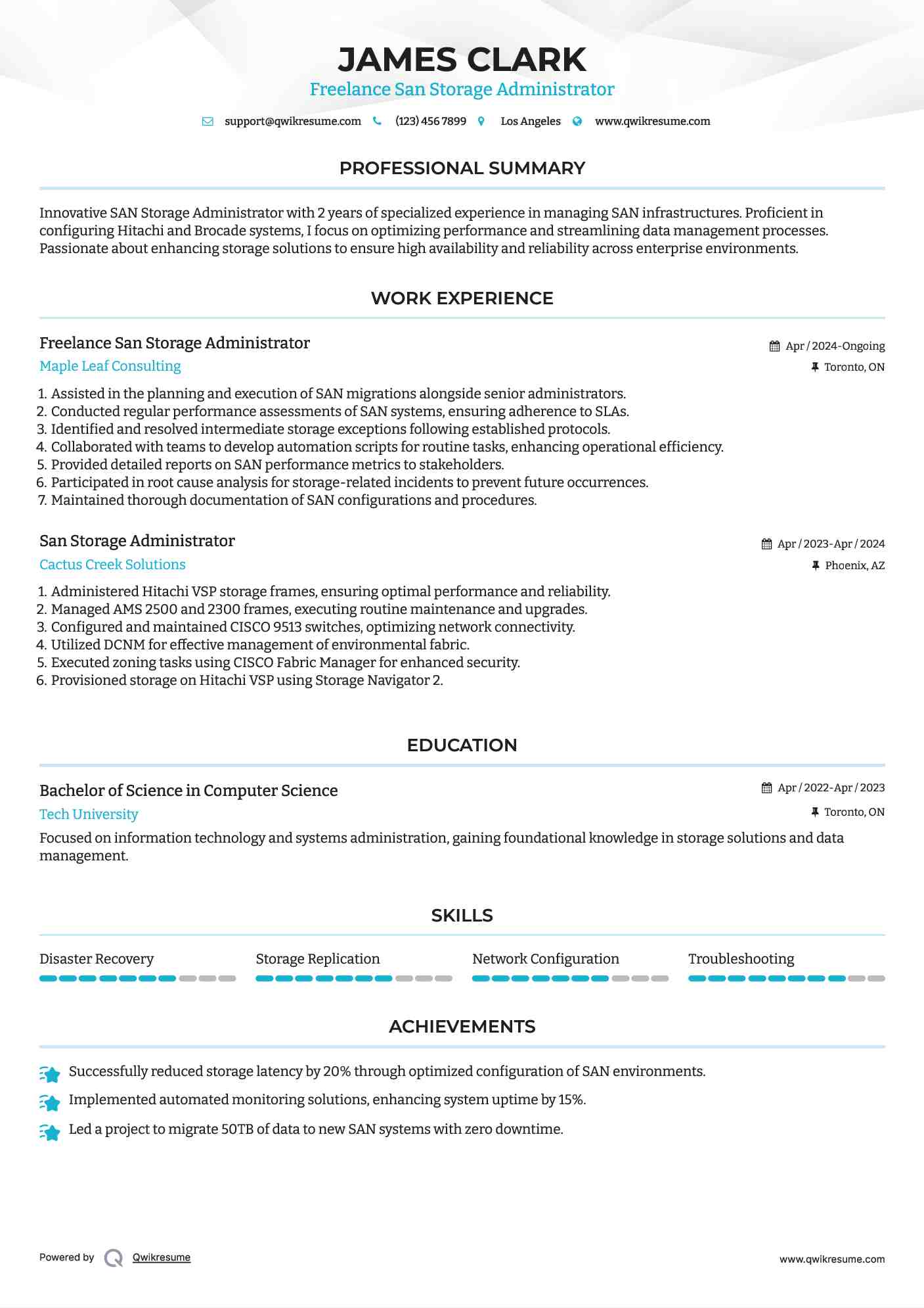 Freelance San Storage Administrator Resume Template