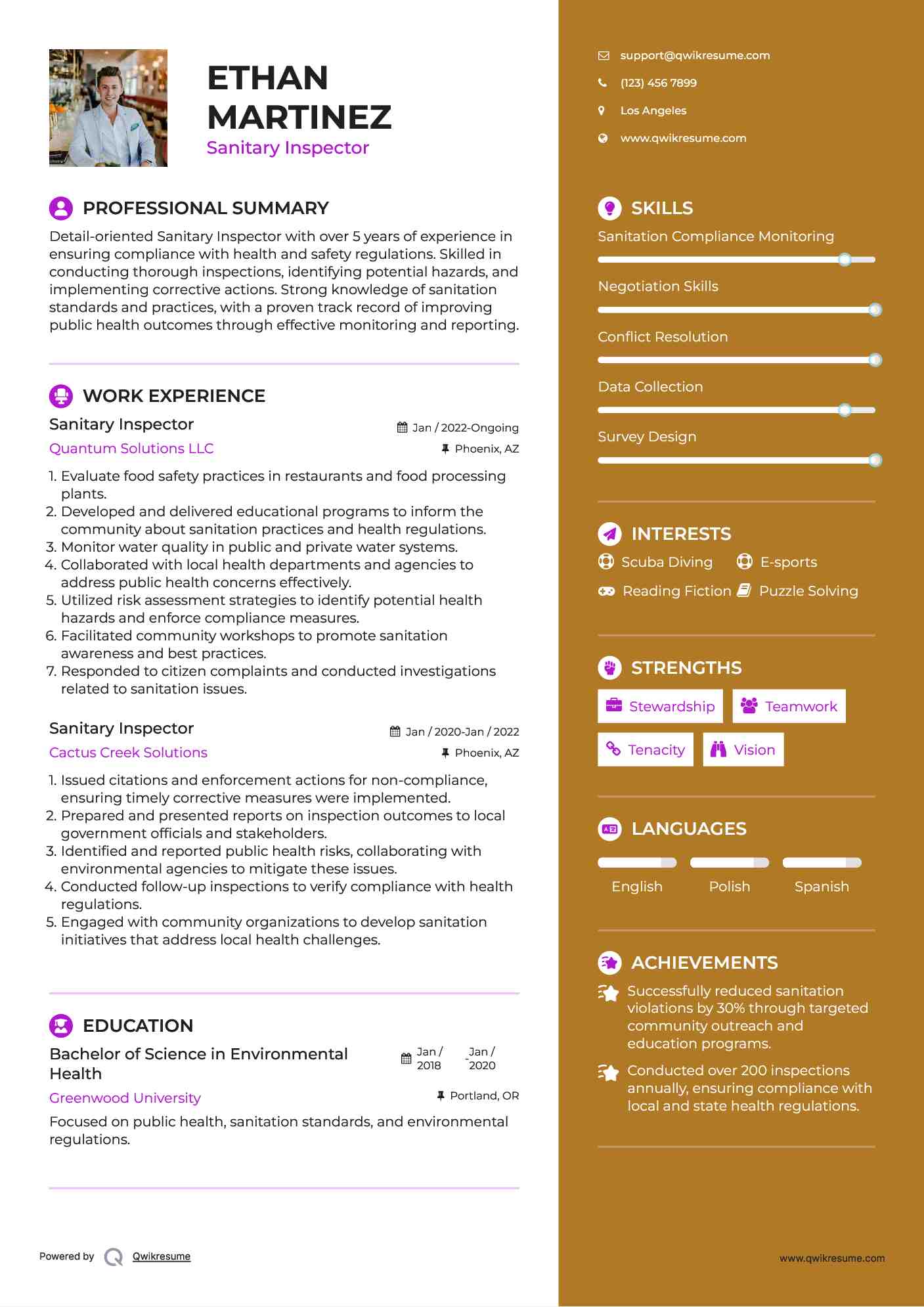 Sanitary Inspector Resume Sample