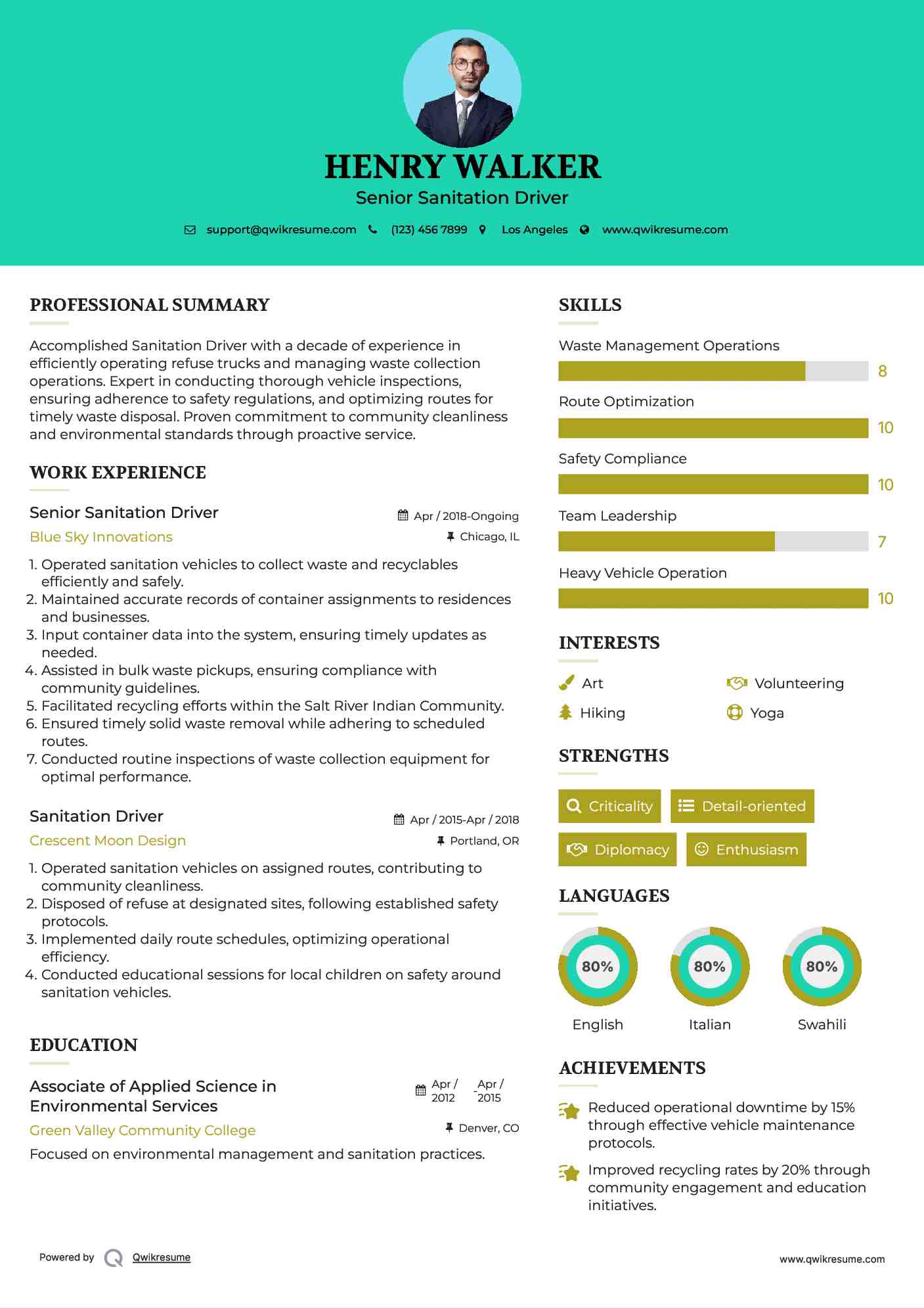 Senior Sanitation Driver Resume Format