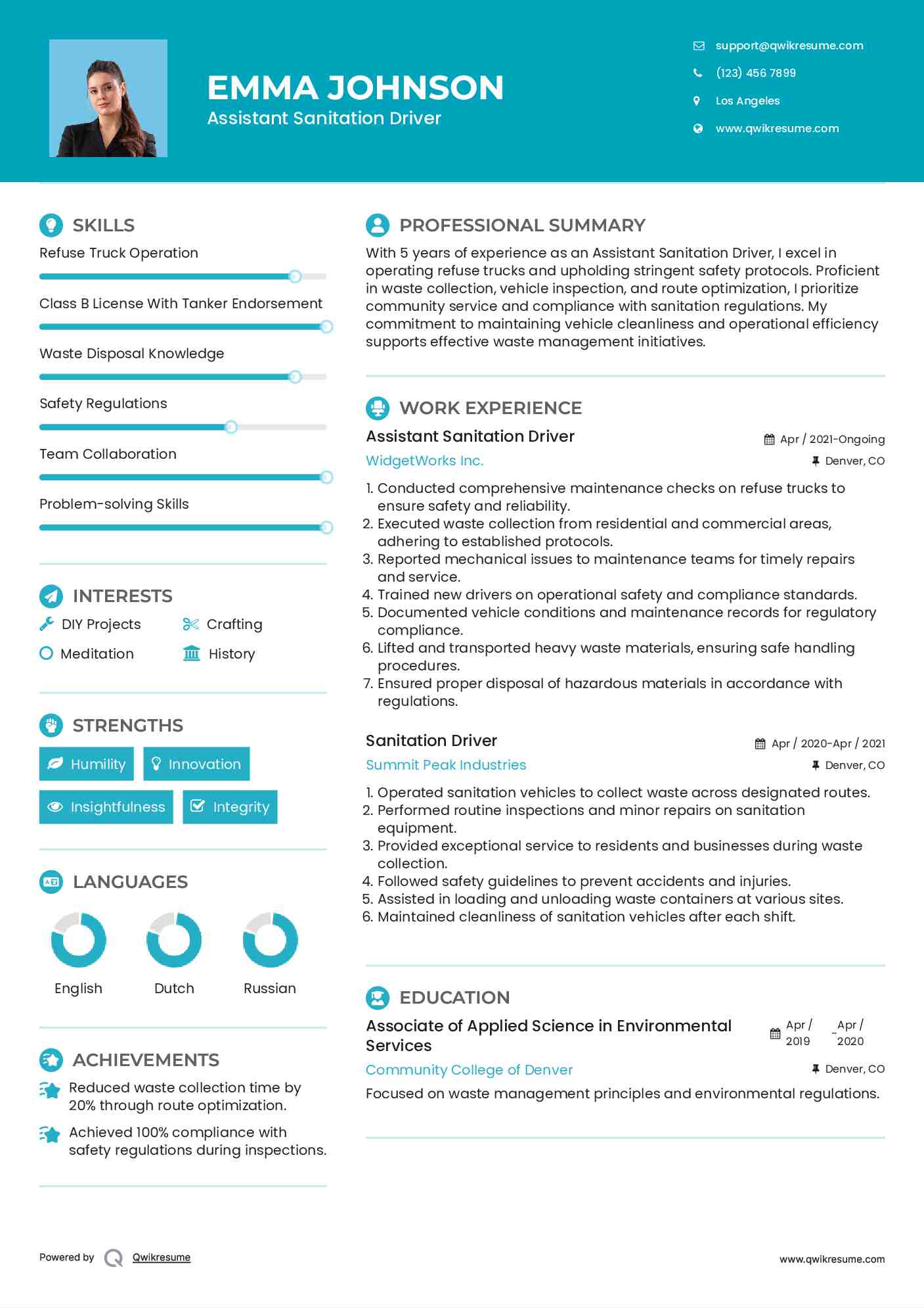 Assistant Sanitation Driver Resume Sample