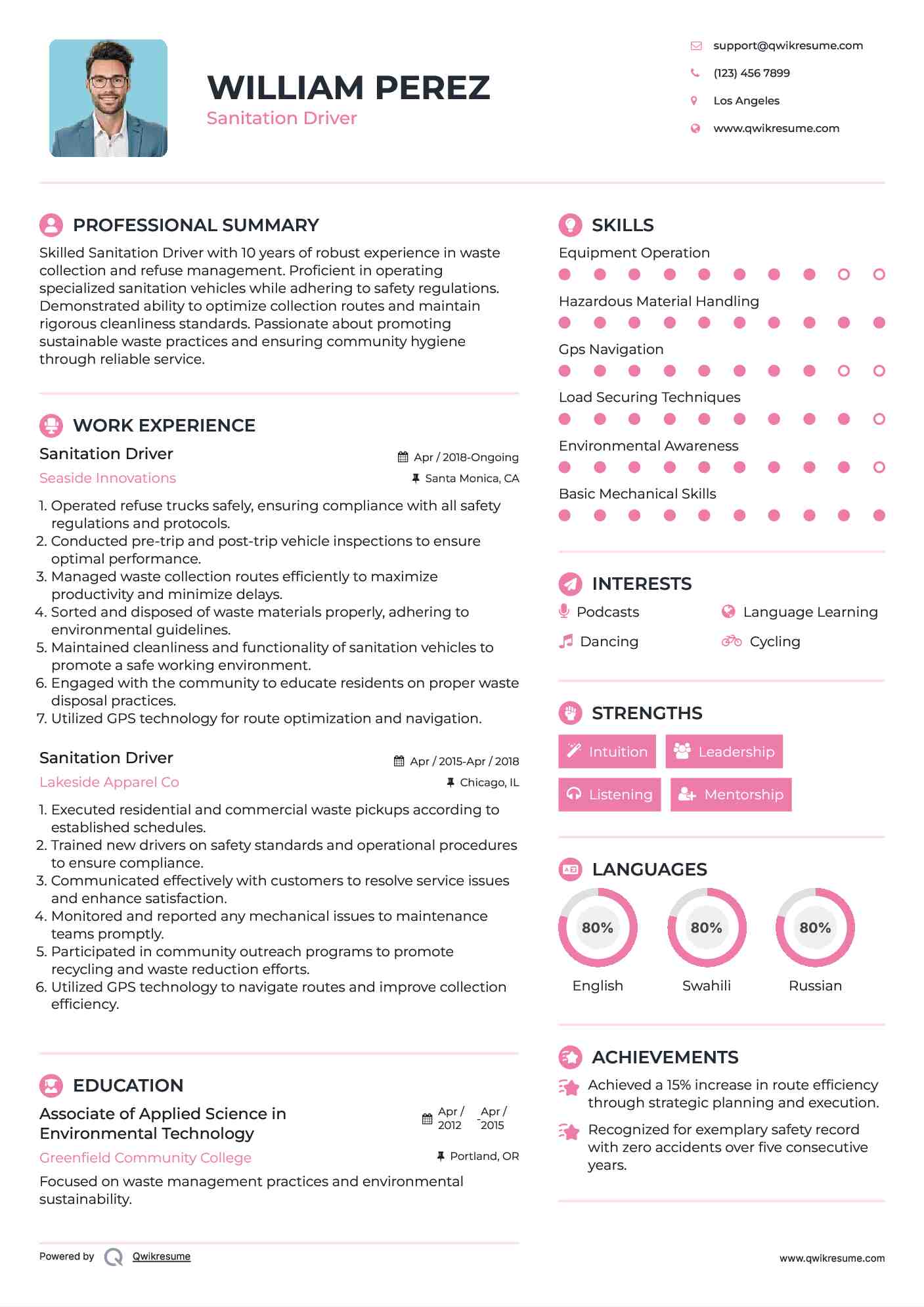 Sanitation Driver Resume Example