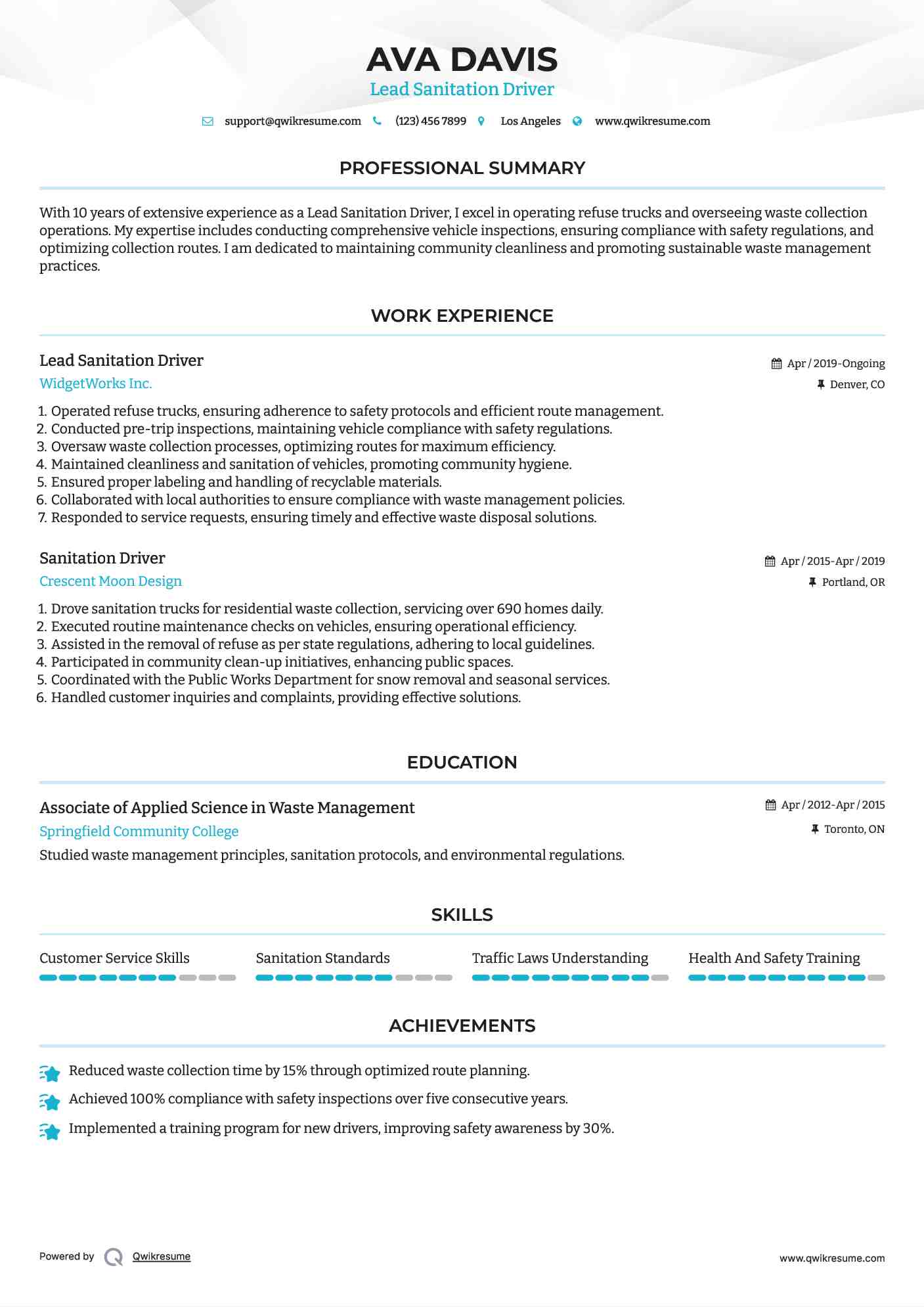 Lead Sanitation Driver Resume Format