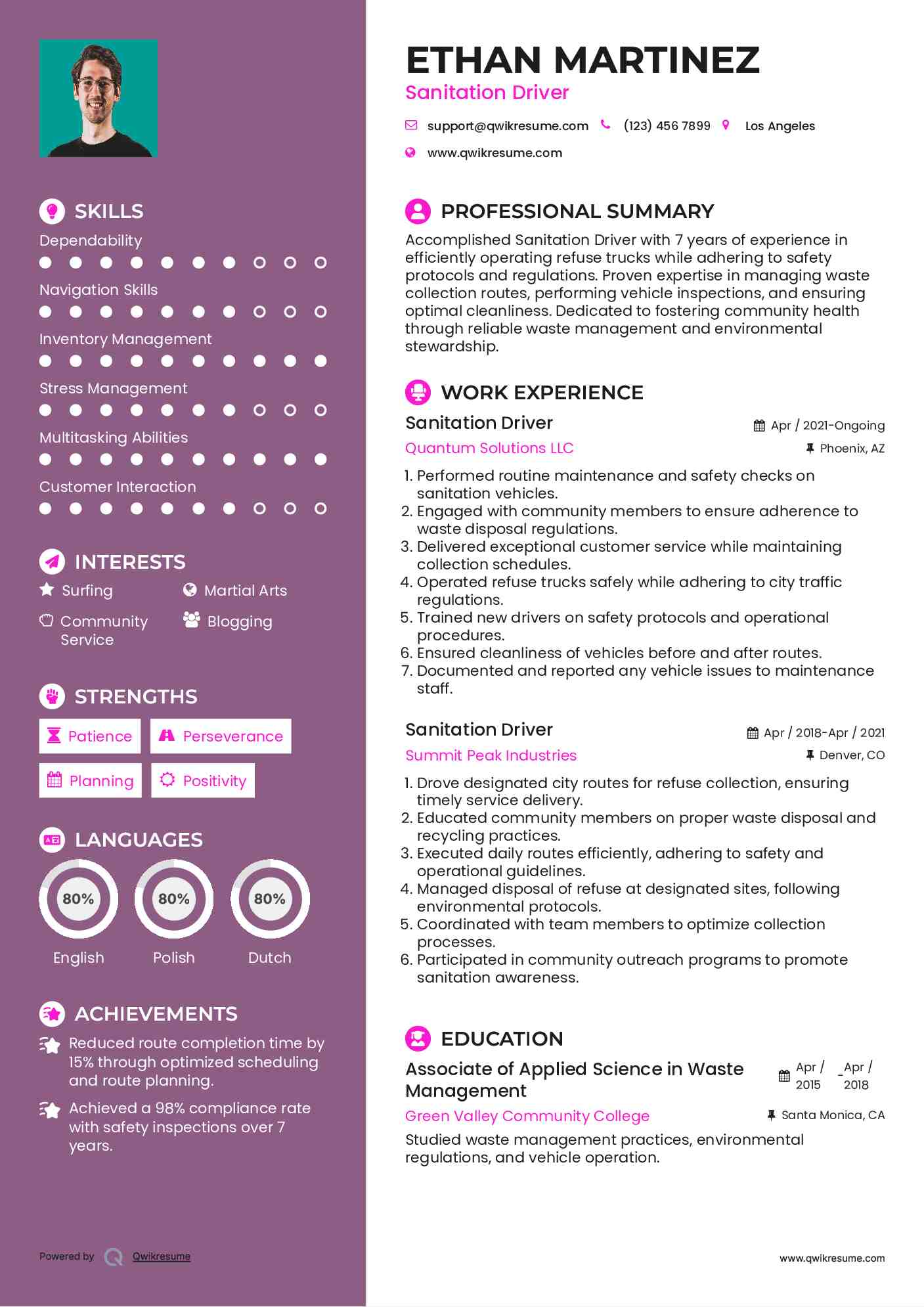 Sanitation Driver Resume Example