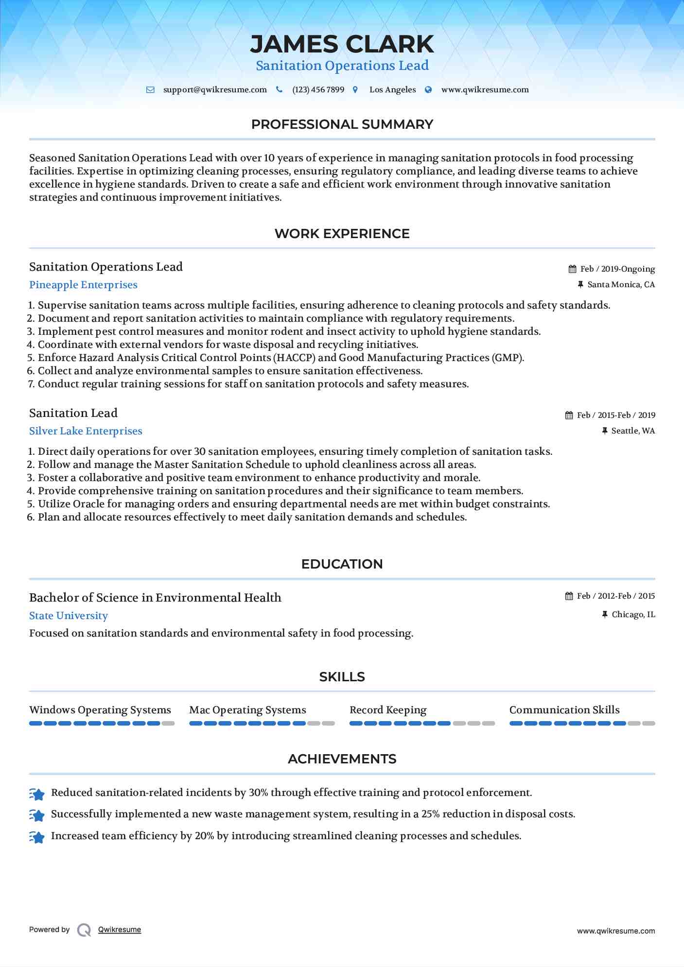 Sanitation Operations Lead
 Resume Sample