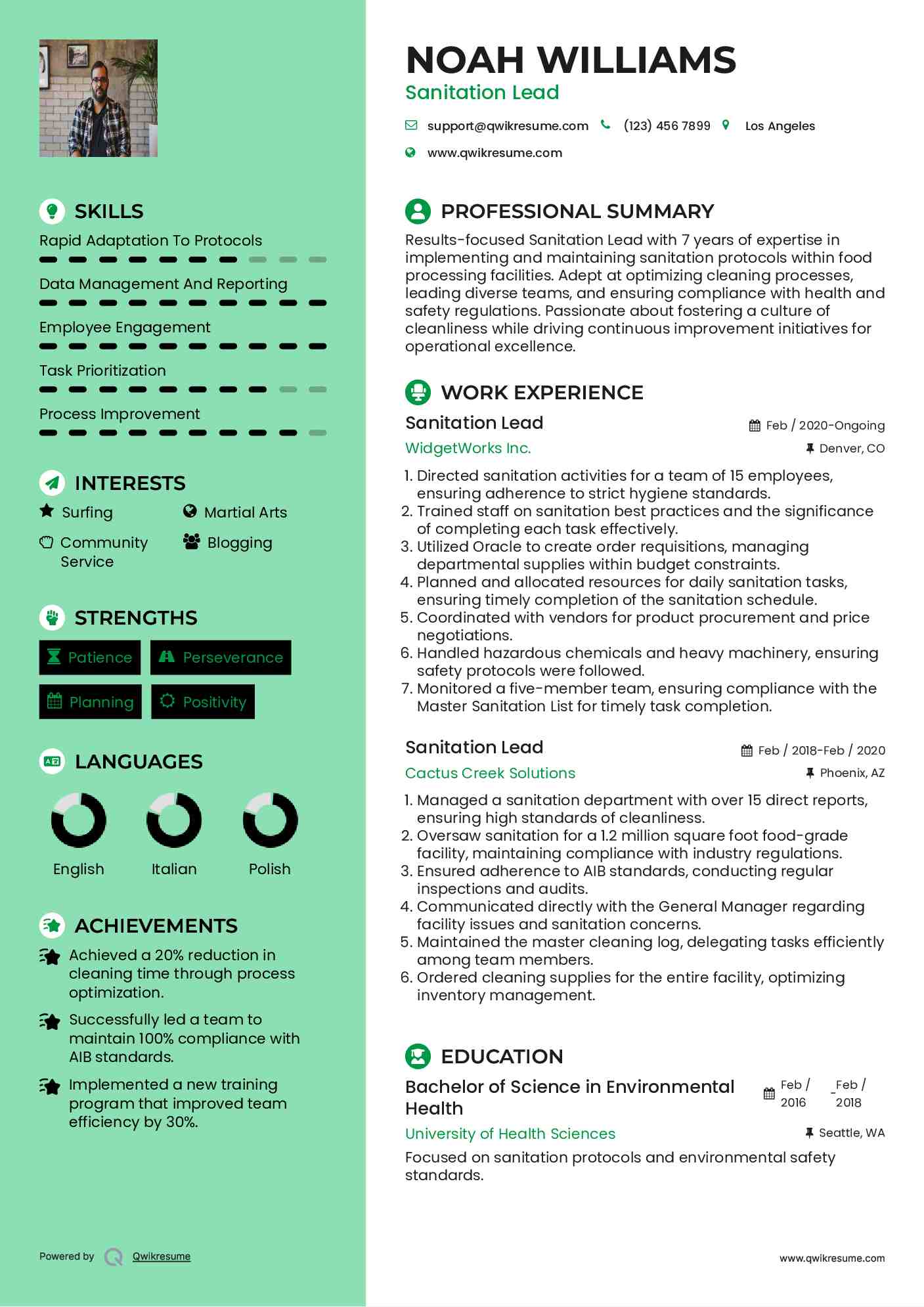 Sanitation Lead Resume Sample