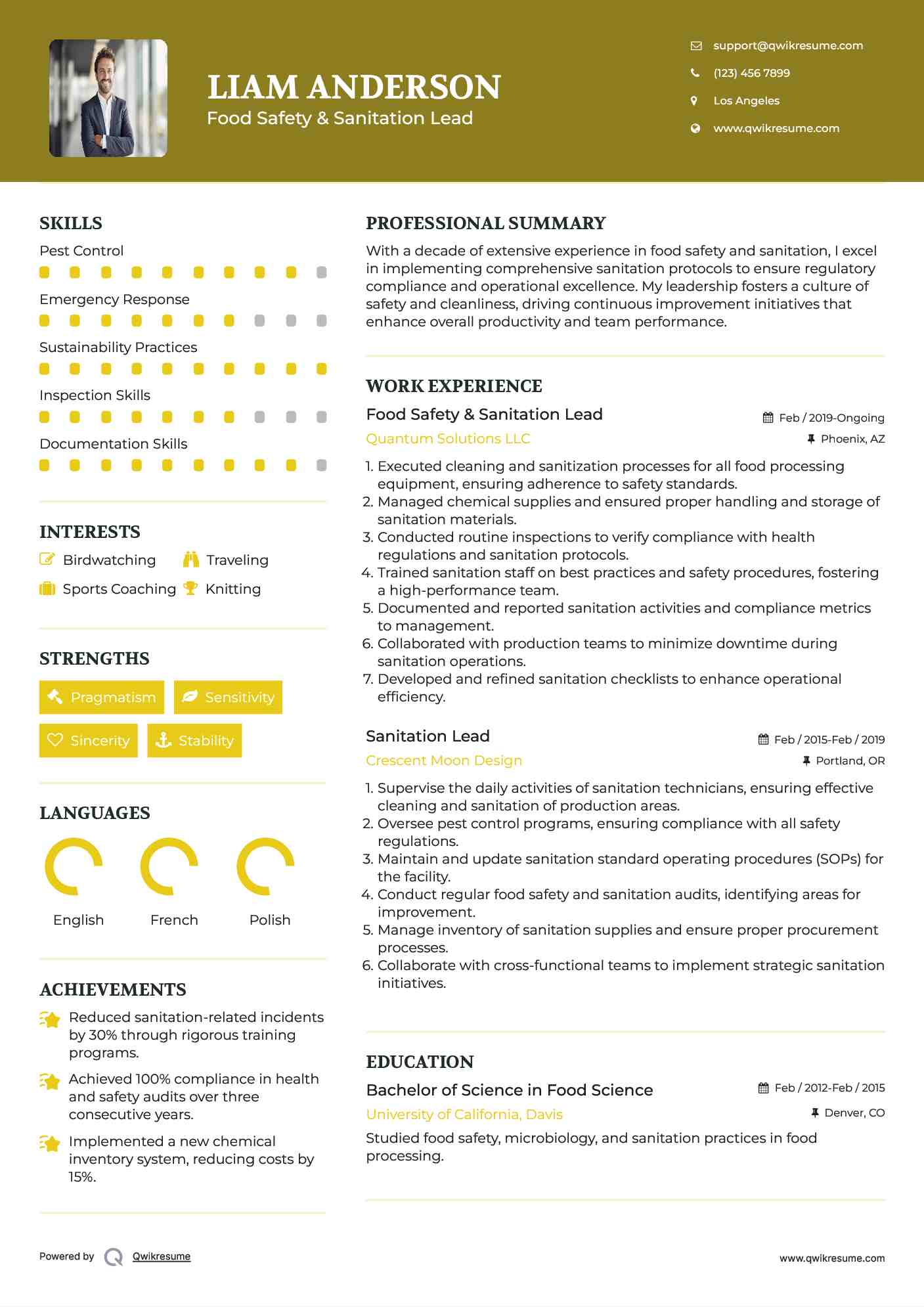 Food Safety & Sanitation Lead
 Resume Example