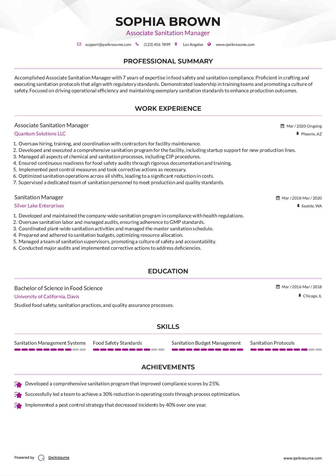 Associate Sanitation Manager Resume Model