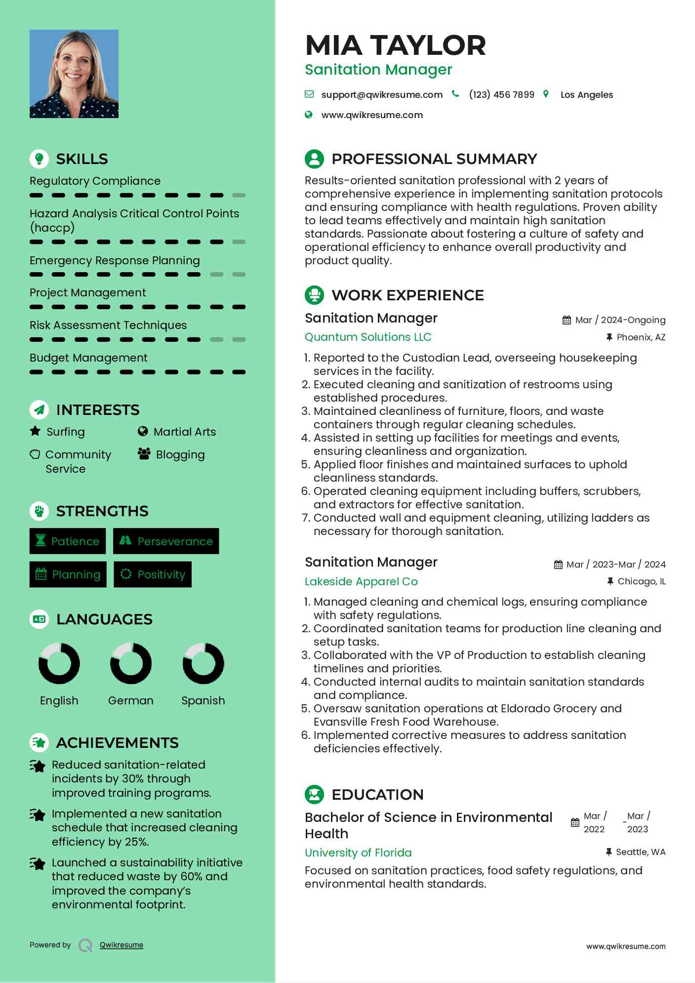 Sanitation Manager Resume Template