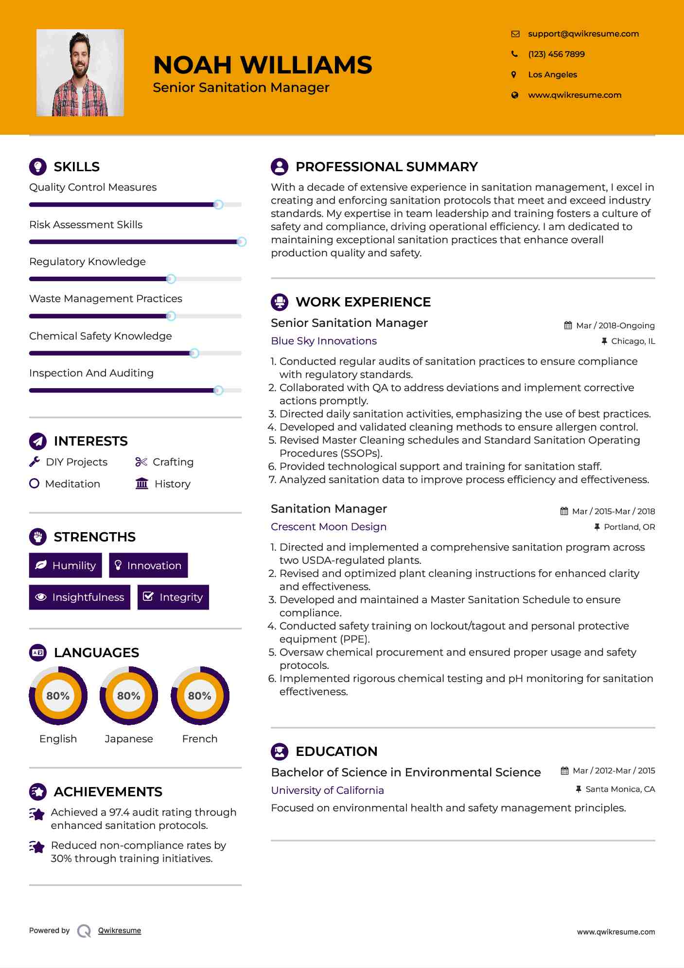 Senior Sanitation Manager Resume Example