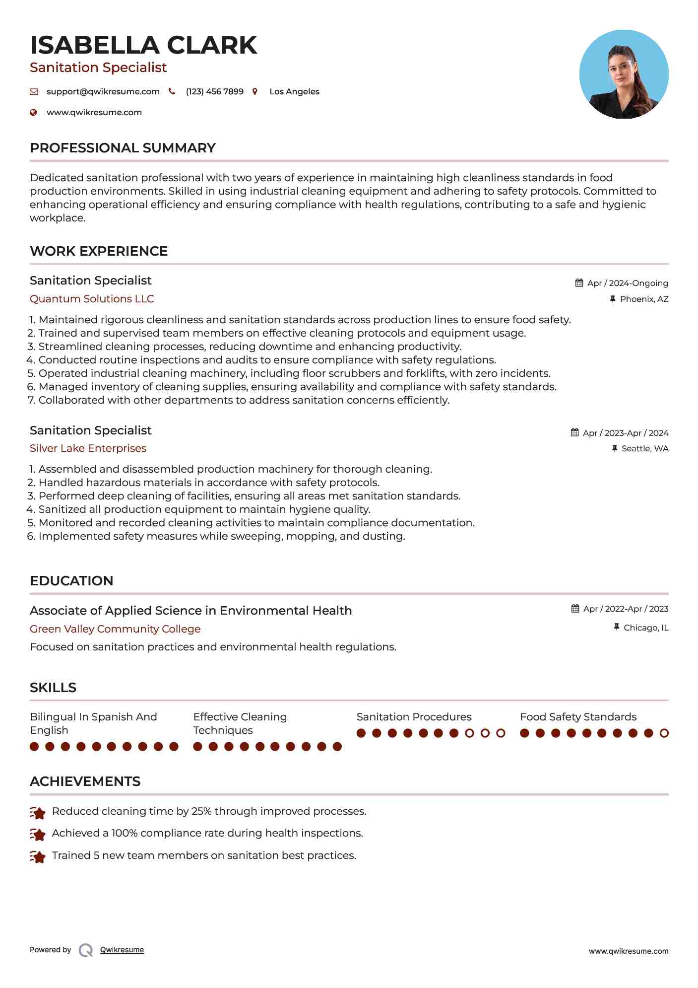 Sanitation Specialist Resume Format